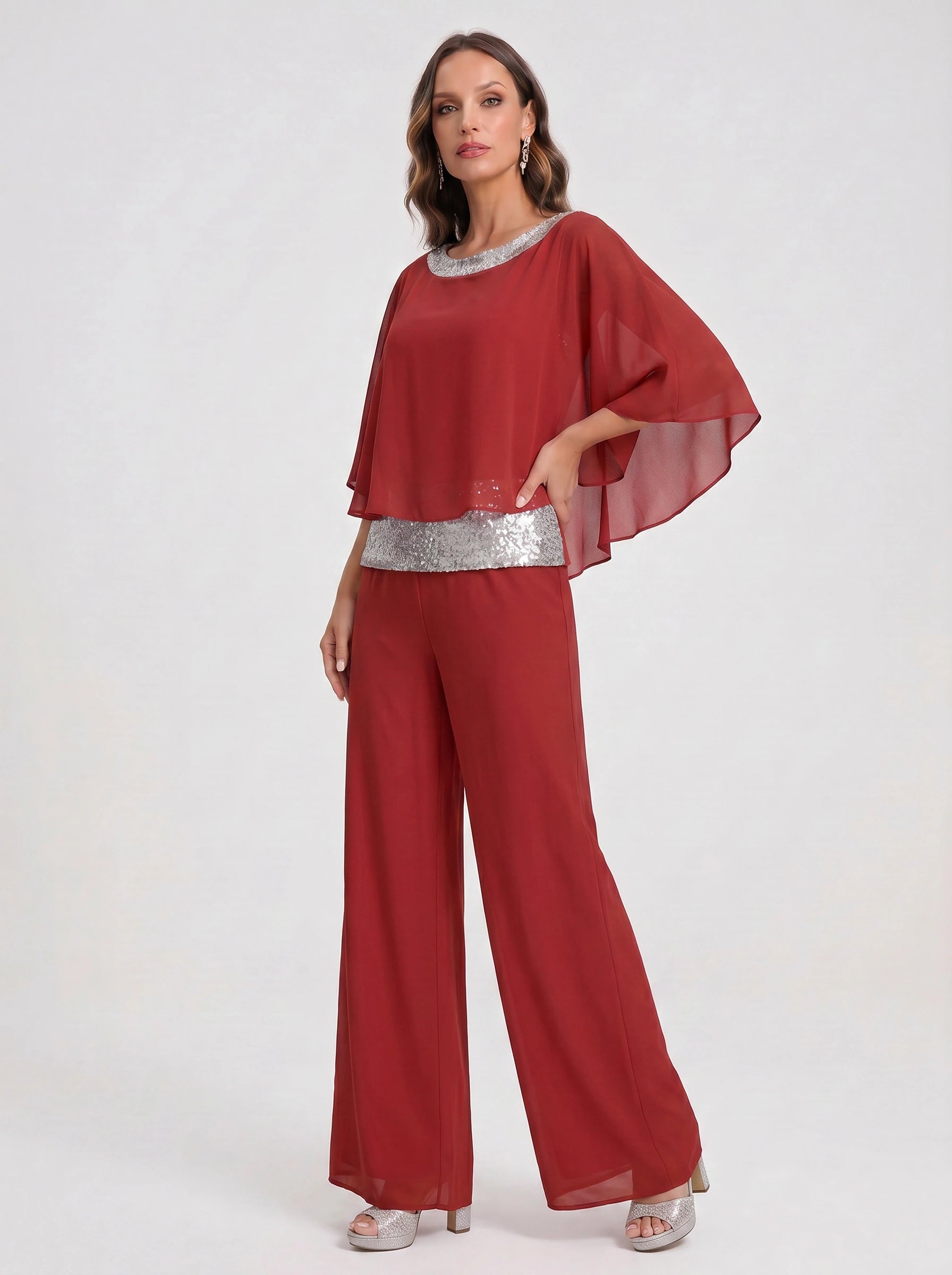 Cascada Sequin Cape Wide-Leg Trouser Set – Women Formal Wedding Guest Mother Bride Evening Party Two Piece Set