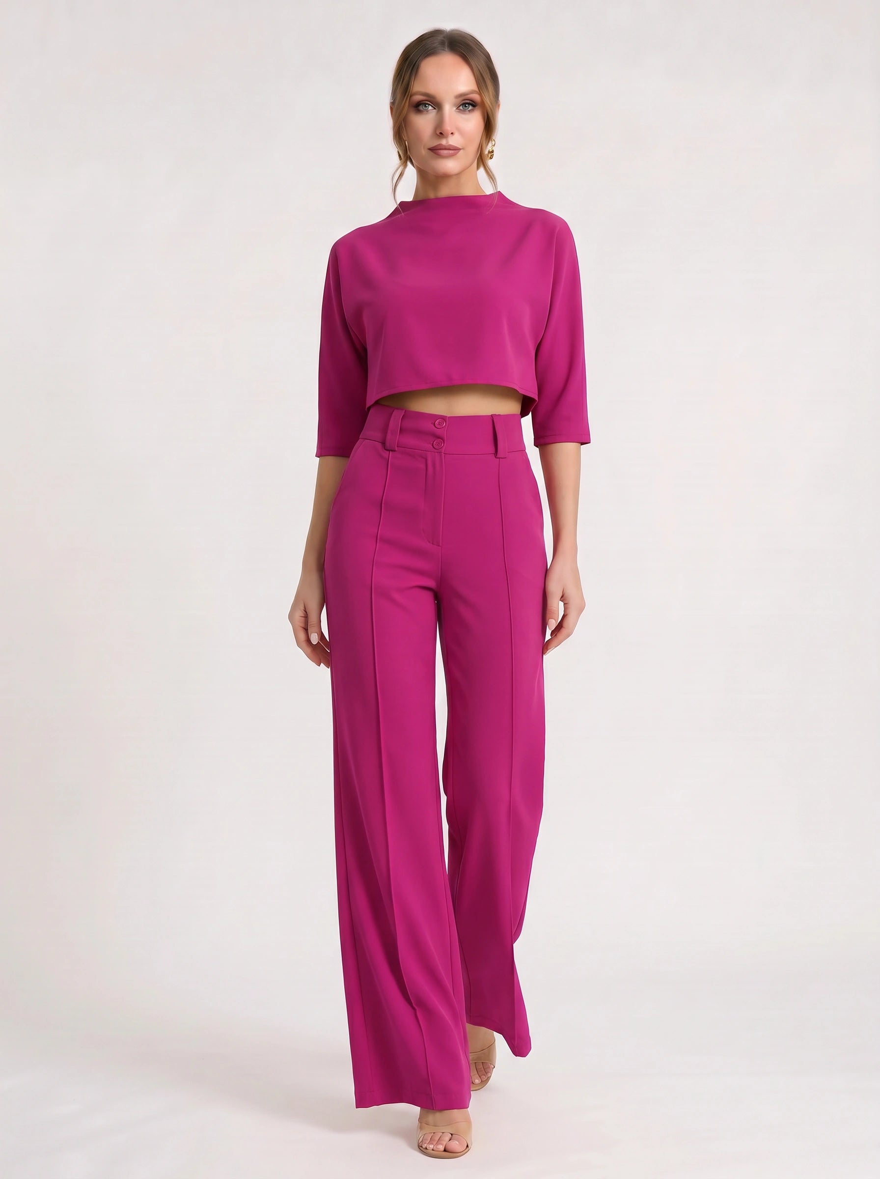 Fuchsin Crop Top Wide-Leg Trouser Set – Two Piece Sets Women Loungewear Formal Office Casual Linen Blend Co-Ord