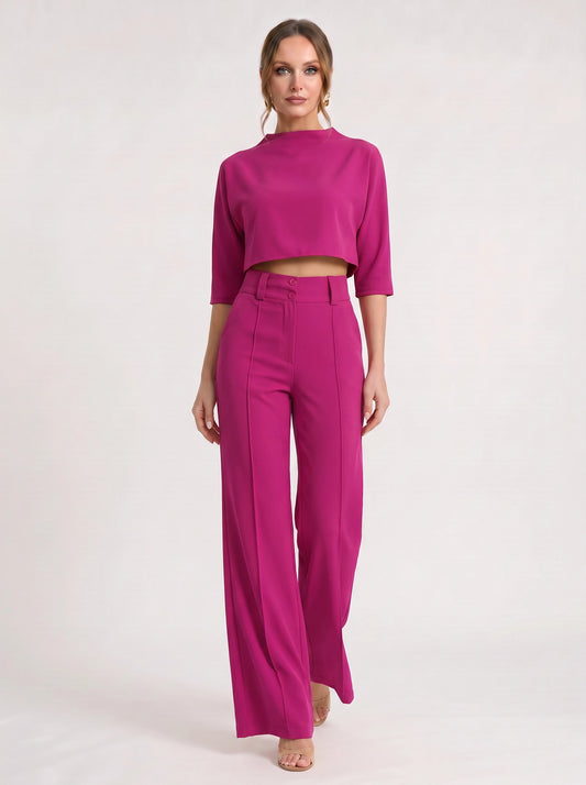 Fuchsin Crop Top Wide-Leg Trouser Set – Two Piece Sets Women Loungewear Formal Office Casual Linen Blend Co-Ord
