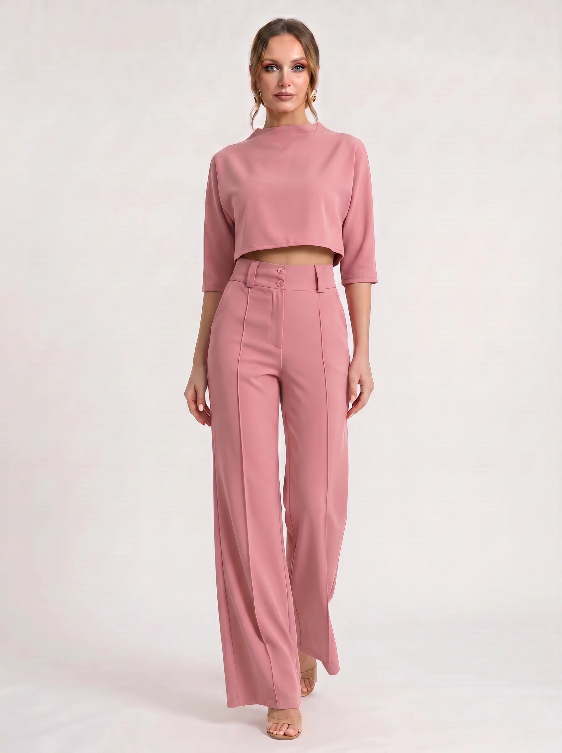 Fuchsin Crop Top Wide-Leg Trouser Set – Two Piece Sets Women Loungewear Formal Office Casual Linen Blend Co-Ord