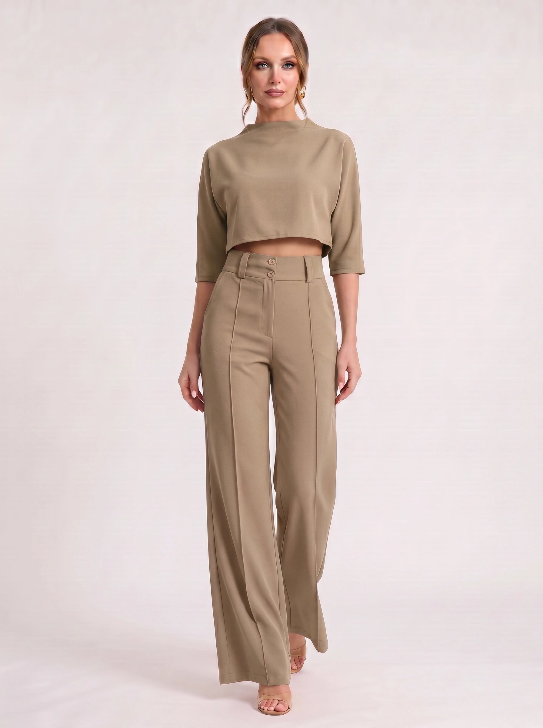 Fuchsin Crop Top Wide-Leg Trouser Set – Two Piece Sets Women Loungewear Formal Office Casual Linen Blend Co-Ord