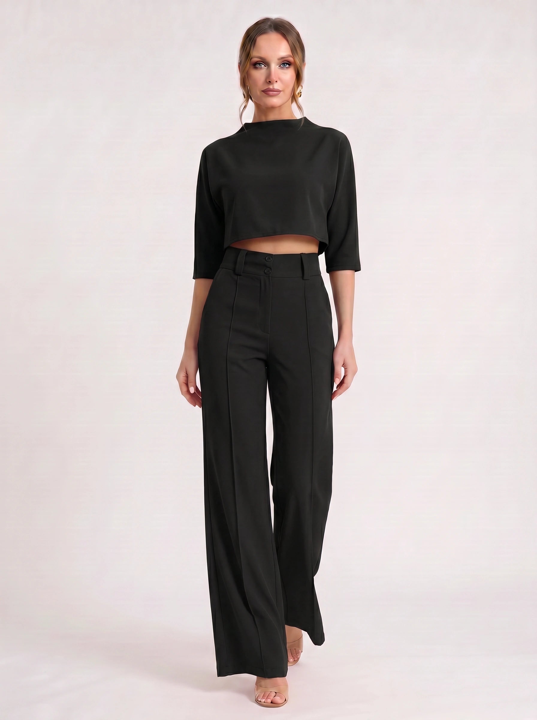 Fuchsin Crop Top Wide-Leg Trouser Set – Two Piece Sets Women Loungewear Formal Office Casual Linen Blend Co-Ord