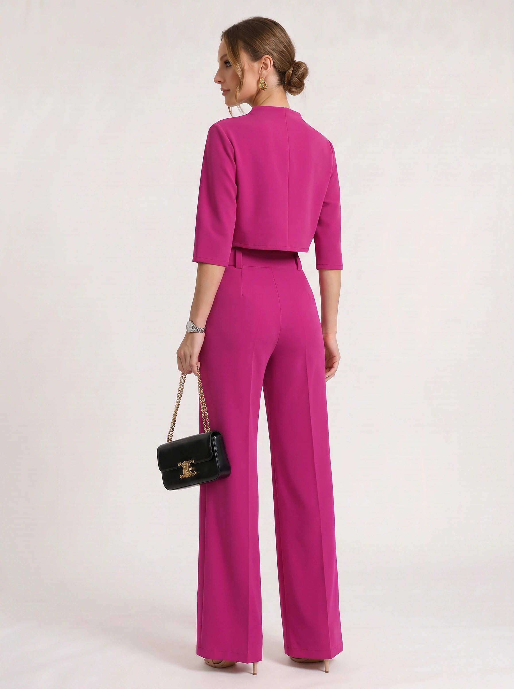 Fuchsin Crop Top Wide-Leg Trouser Set – Two Piece Sets Women Loungewear Formal Office Casual Linen Blend Co-Ord