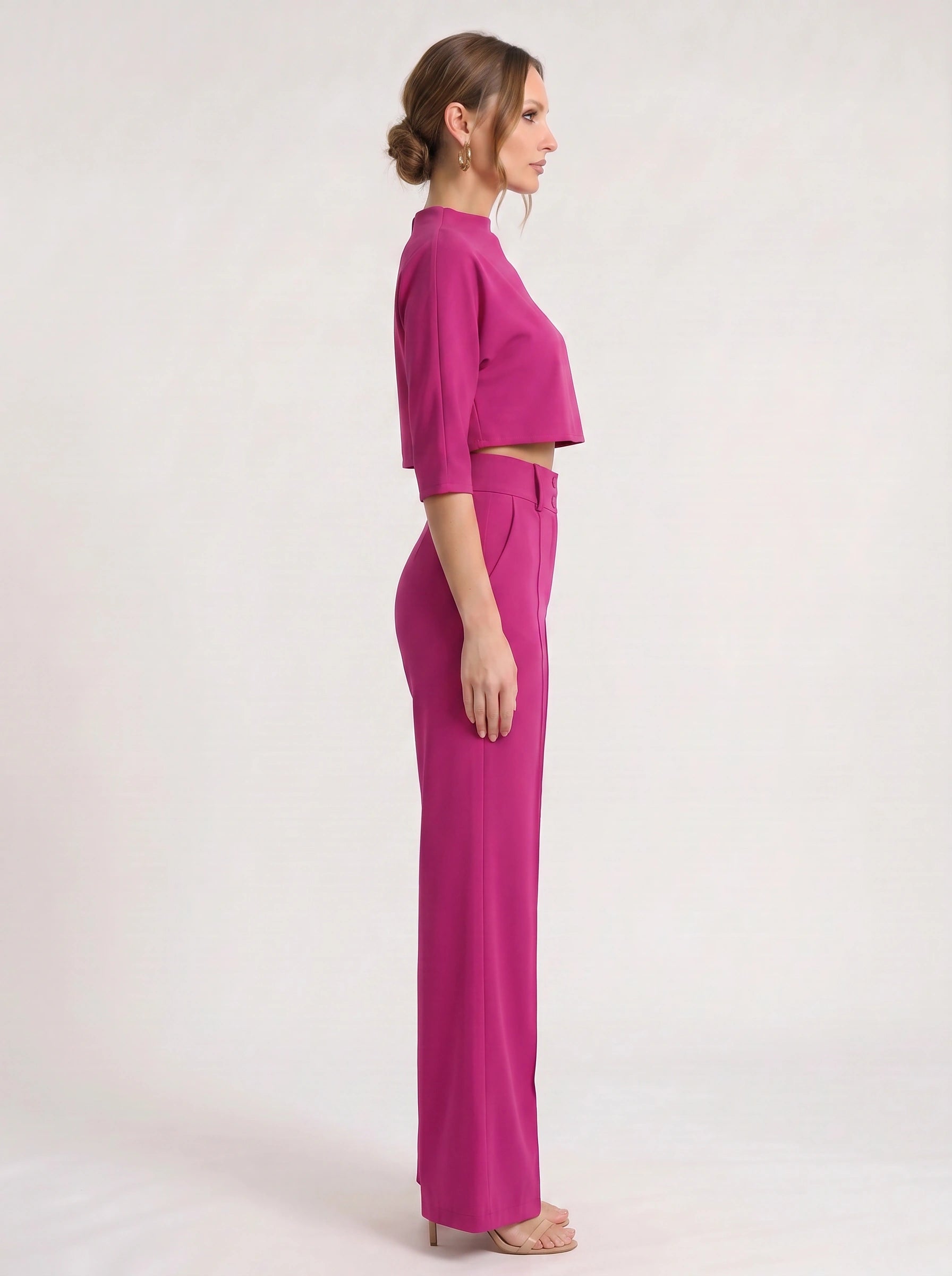 Fuchsin Crop Top Wide-Leg Trouser Set – Two Piece Sets Women Loungewear Formal Office Casual Linen Blend Co-Ord