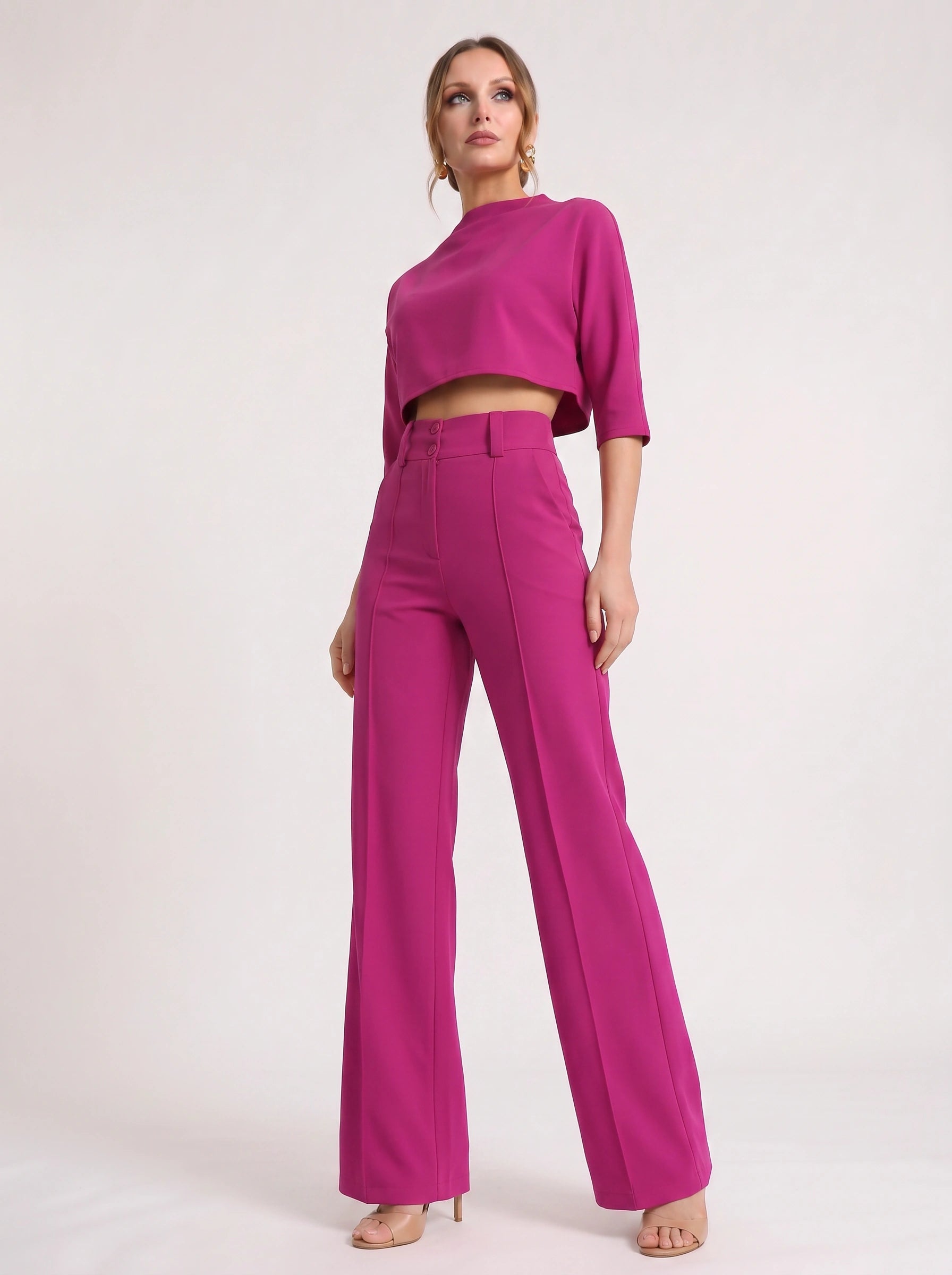 Fuchsin Crop Top Wide-Leg Trouser Set – Two Piece Sets Women Loungewear Formal Office Casual Linen Blend Co-Ord