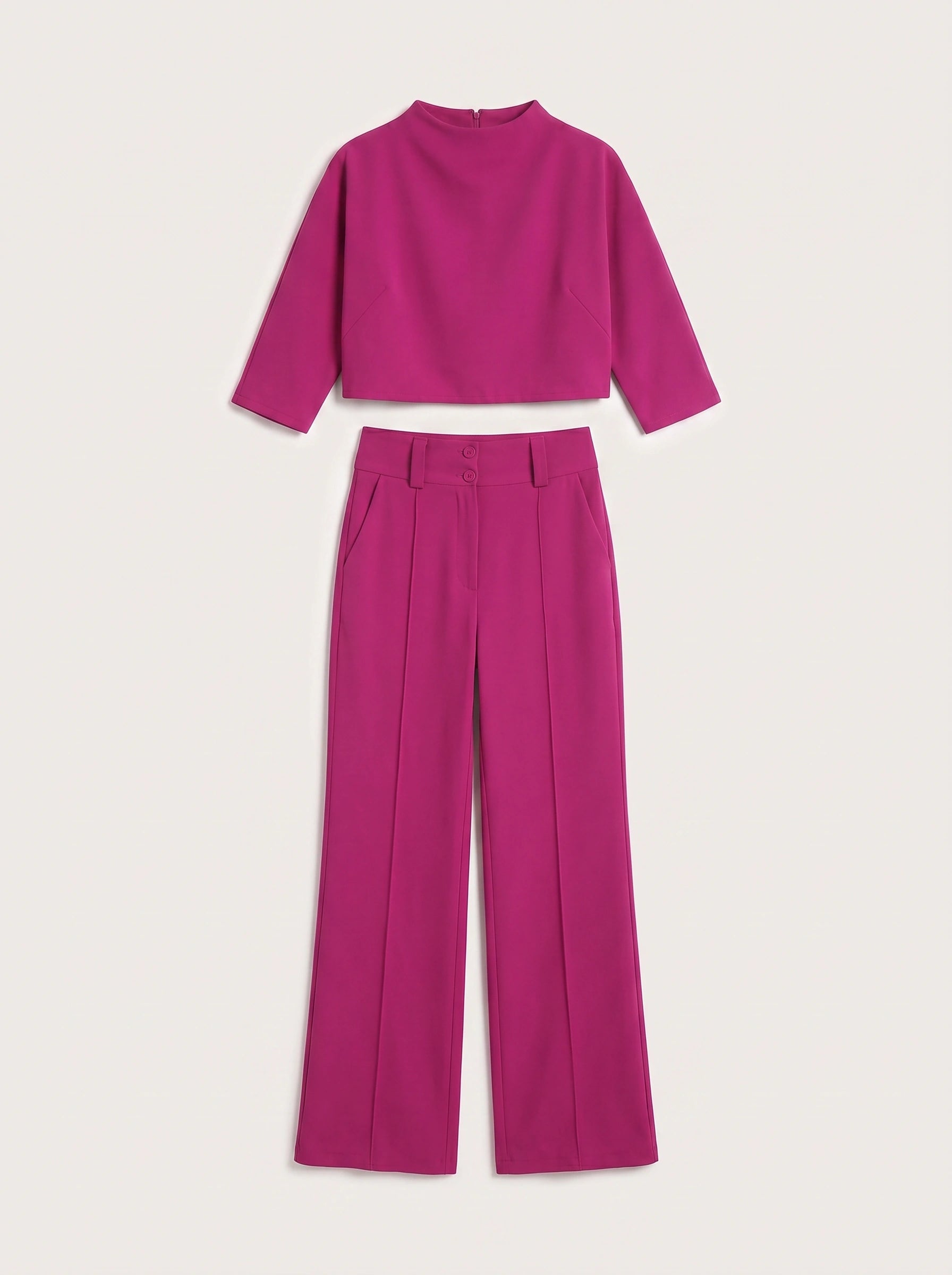 Fuchsin Crop Top Wide-Leg Trouser Set – Two Piece Sets Women Loungewear Formal Office Casual Linen Blend Co-Ord