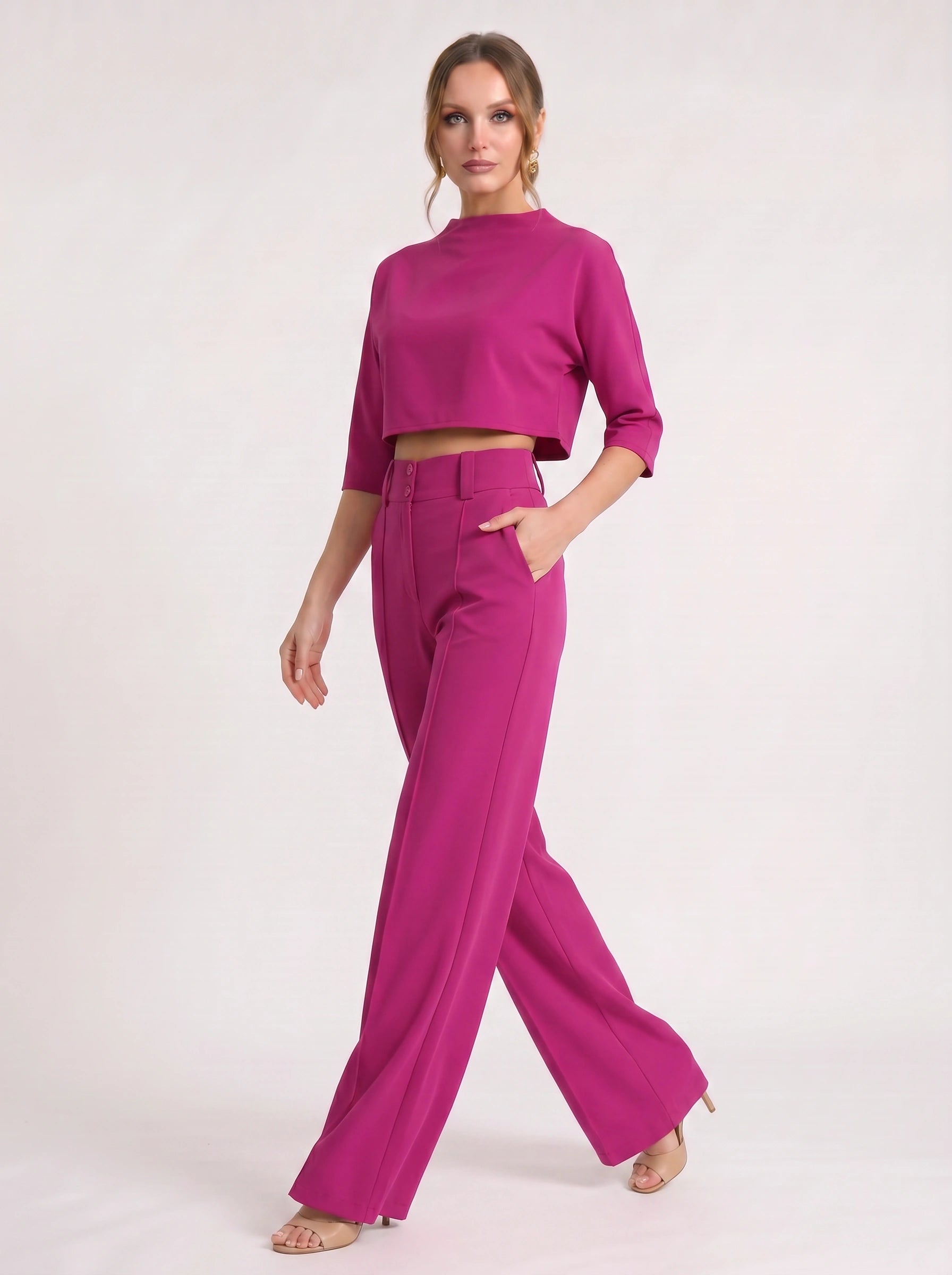 Fuchsin Crop Top Wide-Leg Trouser Set – Two Piece Sets Women Loungewear Formal Office Casual Linen Blend Co-Ord