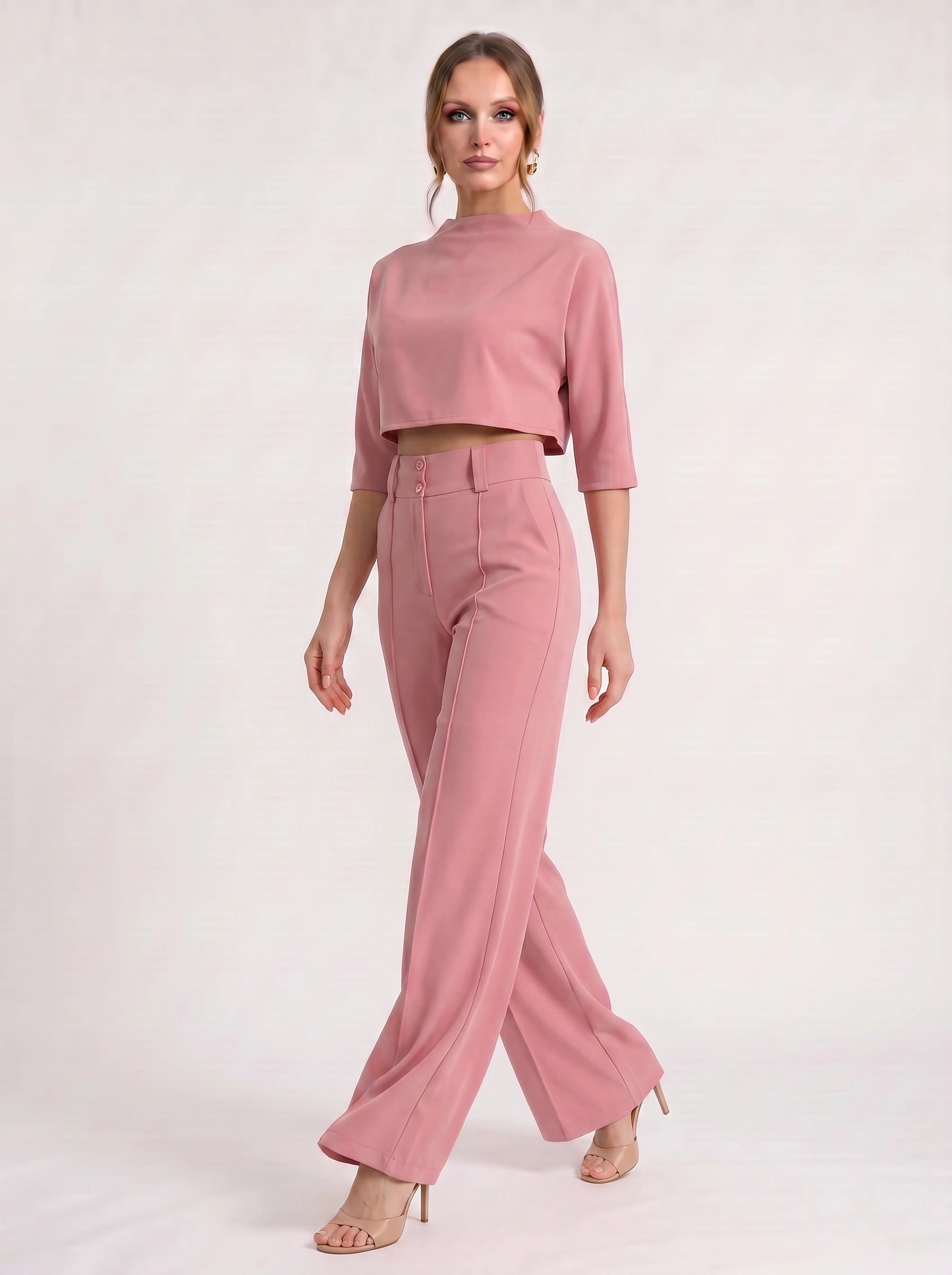 Fuchsin Crop Top Wide-Leg Trouser Set – Two Piece Sets Women Loungewear Formal Office Casual Linen Blend Co-Ord