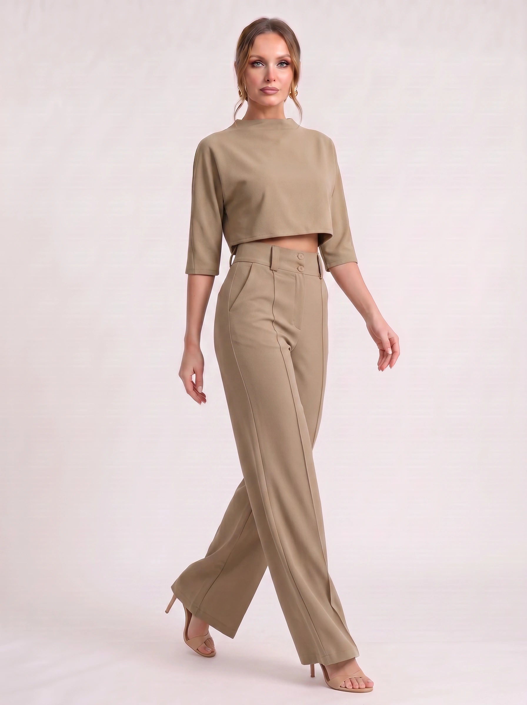 Fuchsin Crop Top Wide-Leg Trouser Set – Two Piece Sets Women Loungewear Formal Office Casual Linen Blend Co-Ord