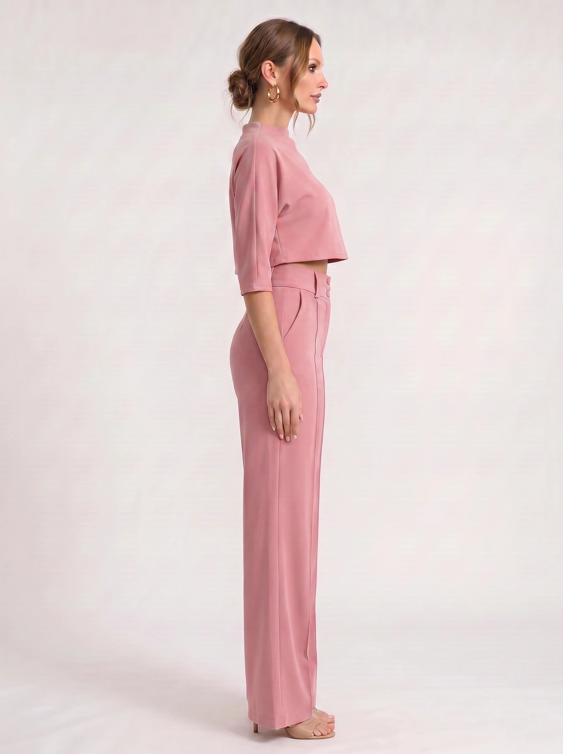 Fuchsin Crop Top Wide-Leg Trouser Set – Two Piece Sets Women Loungewear Formal Office Casual Linen Blend Co-Ord