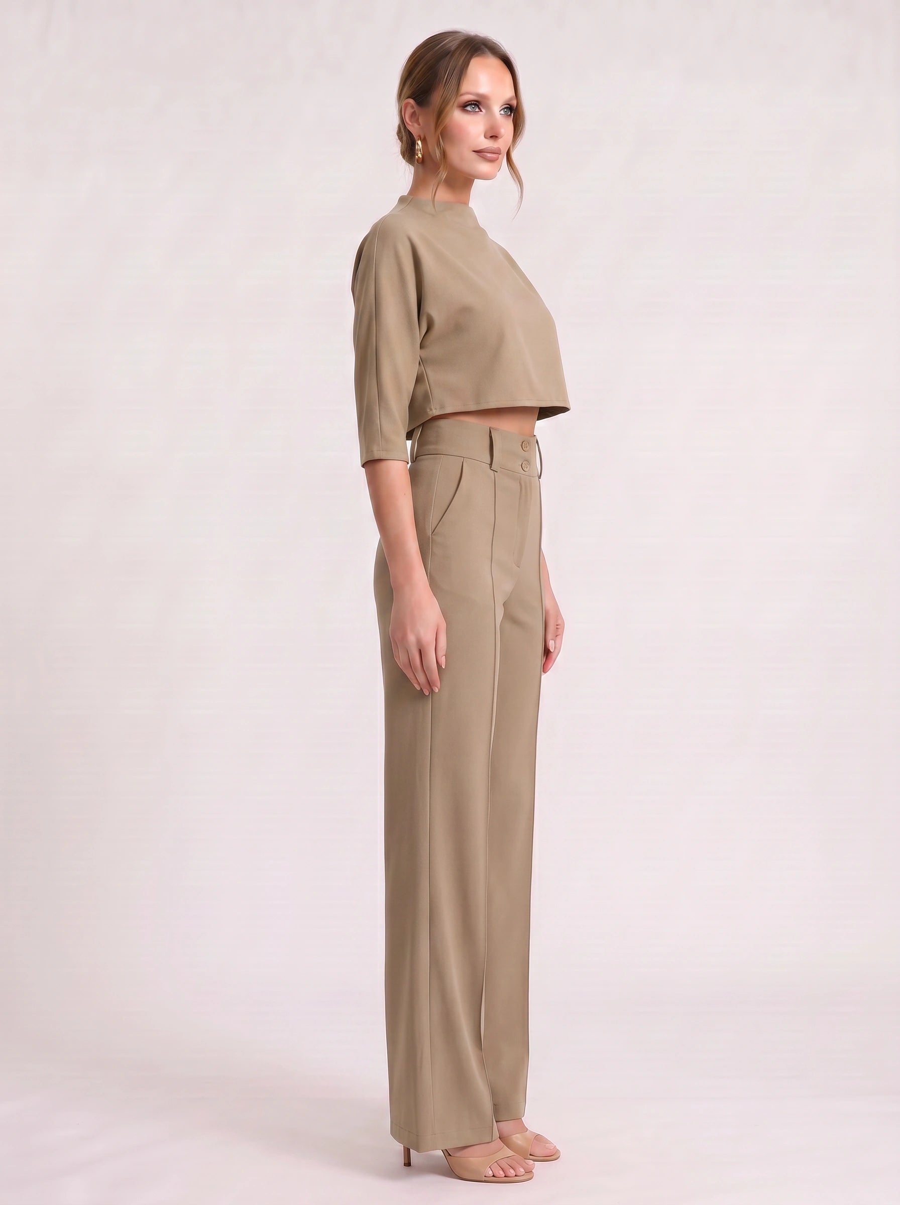 Fuchsin Crop Top Wide-Leg Trouser Set – Two Piece Sets Women Loungewear Formal Office Casual Linen Blend Co-Ord