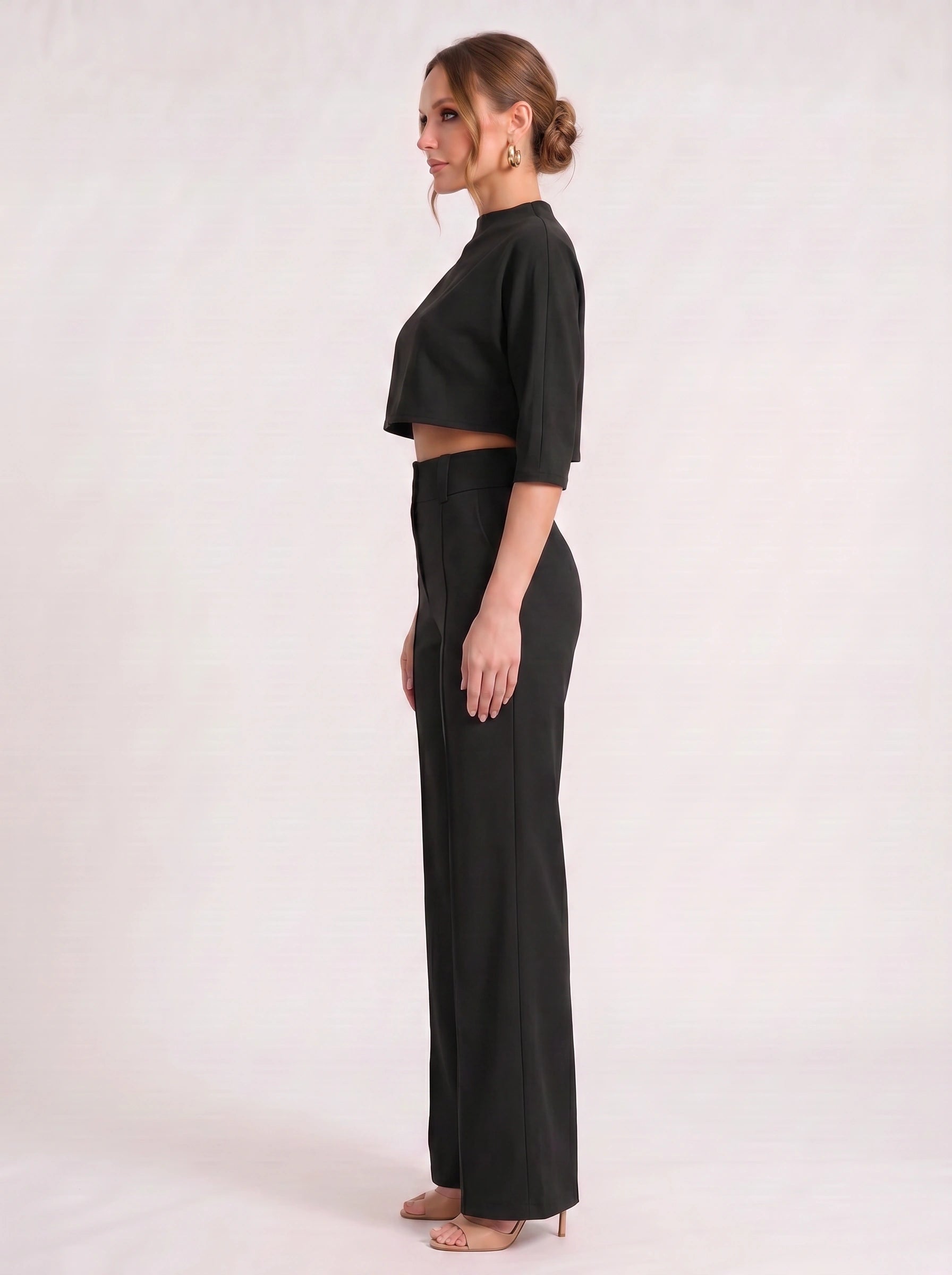 Fuchsin Crop Top Wide-Leg Trouser Set – Two Piece Sets Women Loungewear Formal Office Casual Linen Blend Co-Ord