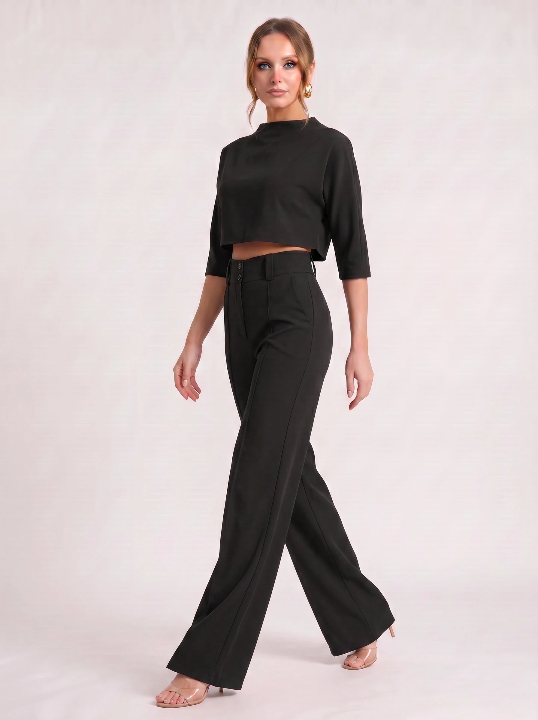 Fuchsin Crop Top Wide-Leg Trouser Set – Two Piece Sets Women Loungewear Formal Office Casual Linen Blend Co-Ord