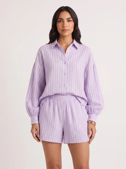 Lavine Striped Oversized Shirt Co-Ord Set – Women Two Piece Lounge Summer Matching Shirt Shorts Set