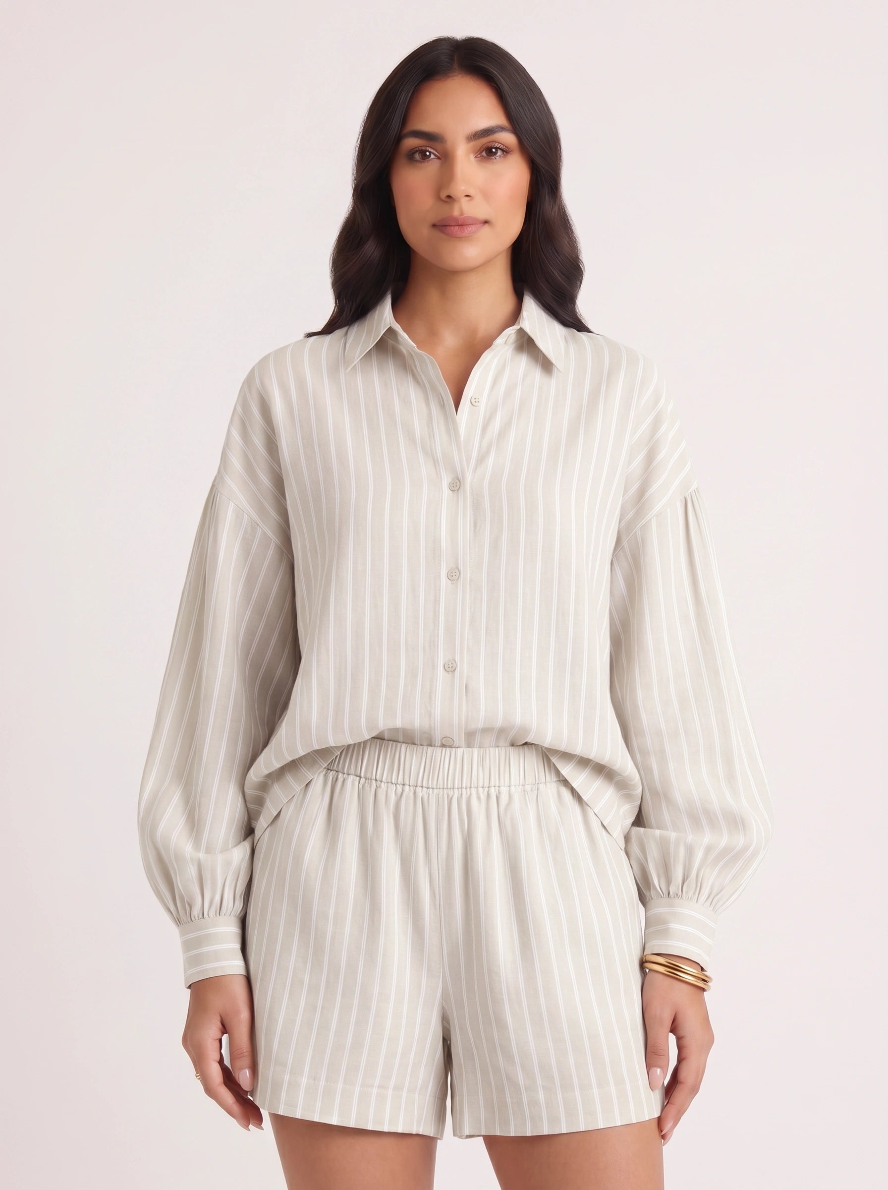 Lavine Striped Oversized Shirt Co-Ord Set – Women Two Piece Lounge Summer Matching Shirt Shorts Set