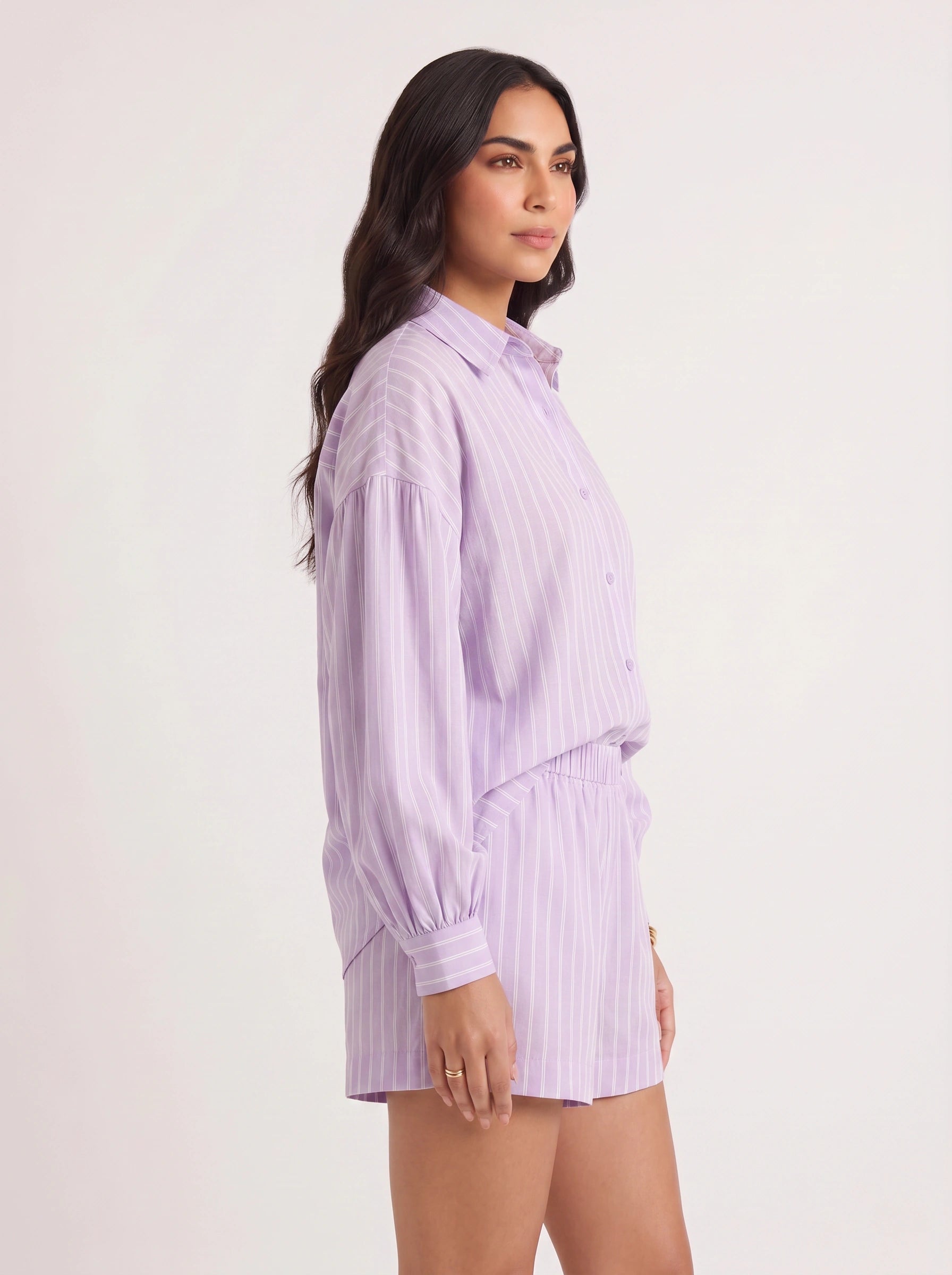 Lavine Striped Oversized Shirt Co-Ord Set – Women Two Piece Lounge Summer Matching Shirt Shorts Set
