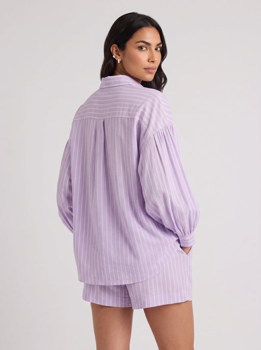 Lavine Striped Oversized Shirt Co-Ord Set – Women Two Piece Lounge Summer Matching Shirt Shorts Set