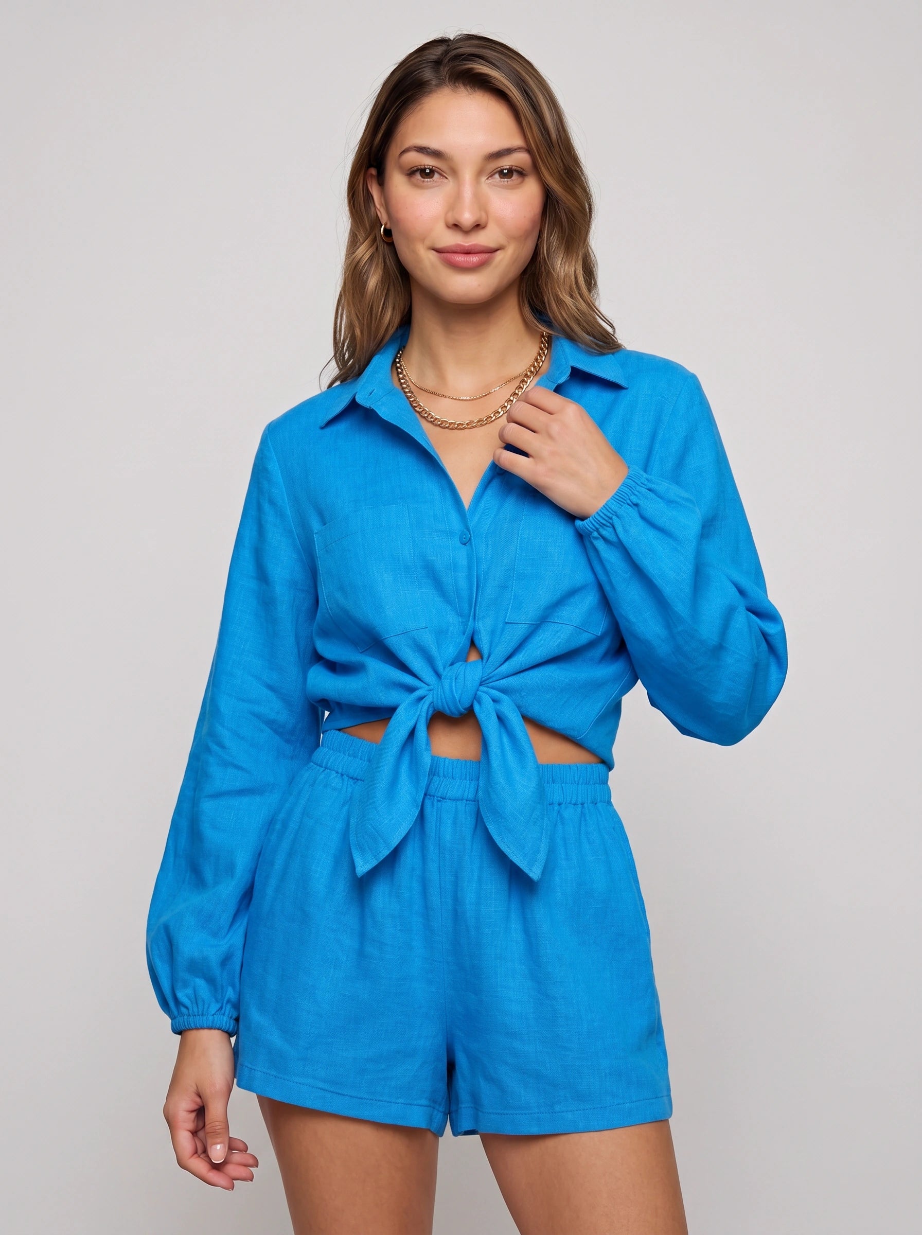 Rosento Linen Tie-Front Shirt Short Co-Ord Set – Women Business Casual Summer Vacation Beach Resort Lounge Two-Piece Set
