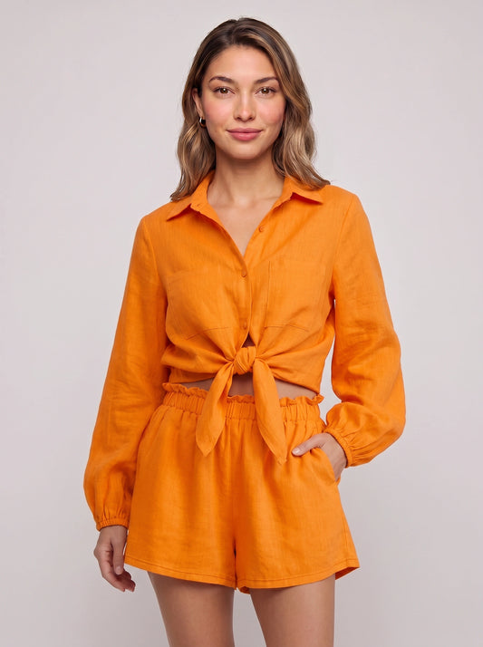 Rosento Linen Tie-Front Shirt Short Co-Ord Set – Women Business Casual Summer Vacation Beach Resort Lounge Two-Piece Set