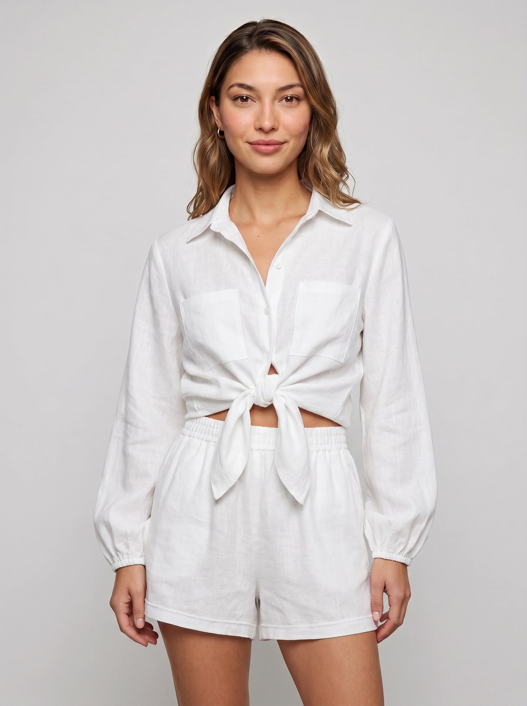Rosento Linen Tie-Front Shirt Short Co-Ord Set – Women Business Casual Summer Vacation Beach Resort Lounge Two-Piece Set