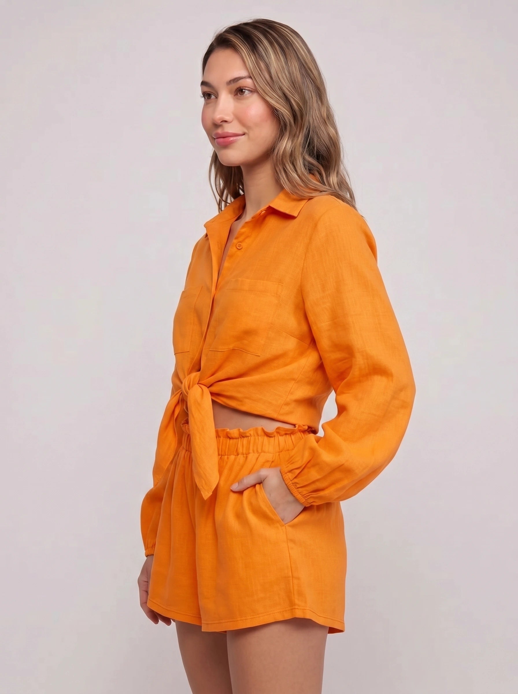 Rosento Linen Tie-Front Shirt Short Co-Ord Set – Women Business Casual Summer Vacation Beach Resort Lounge Two-Piece Set