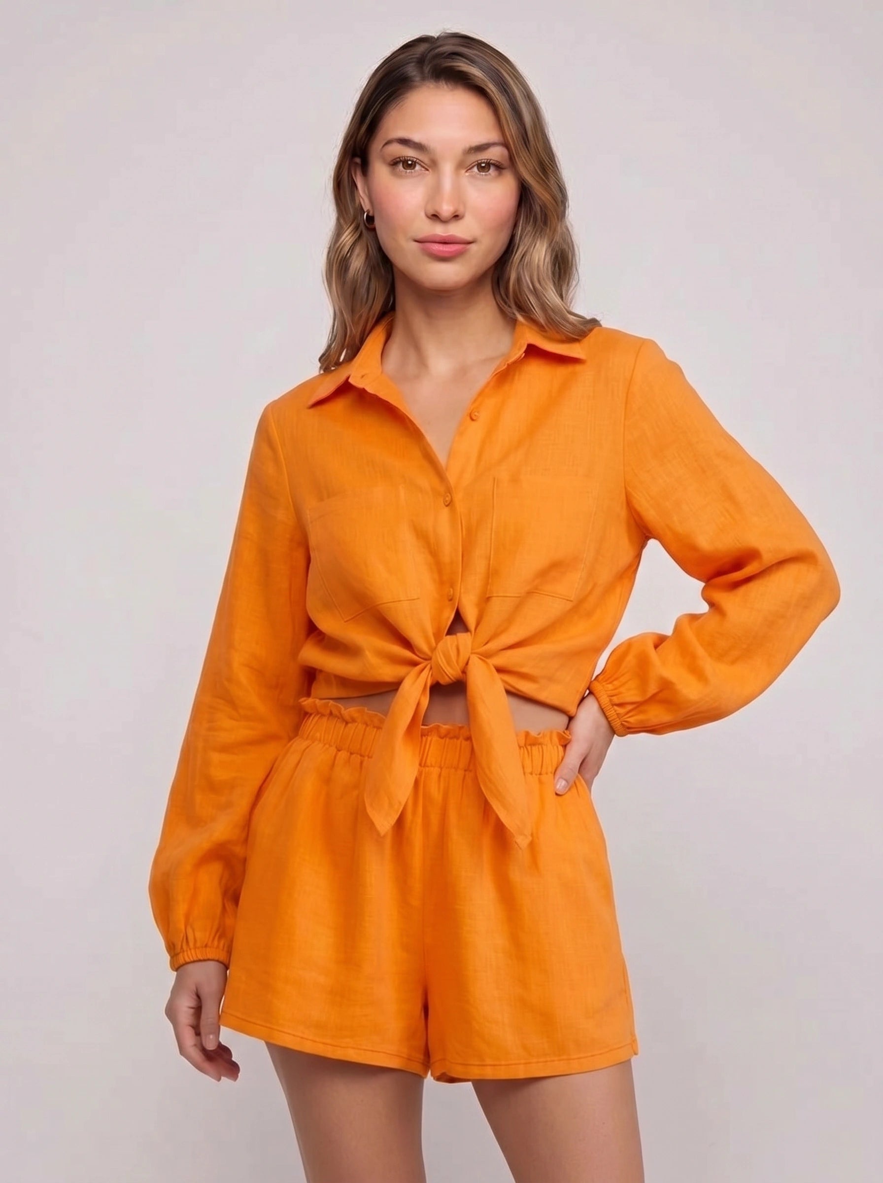 Rosento Linen Tie-Front Shirt Short Co-Ord Set – Women Business Casual Summer Vacation Beach Resort Lounge Two-Piece Set