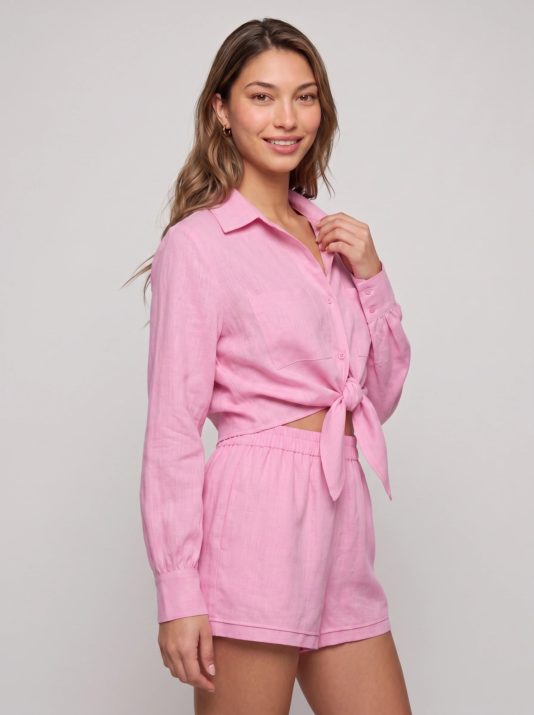 Rosento Linen Tie-Front Shirt Short Co-Ord Set – Women Business Casual Summer Vacation Beach Resort Lounge Two-Piece Set