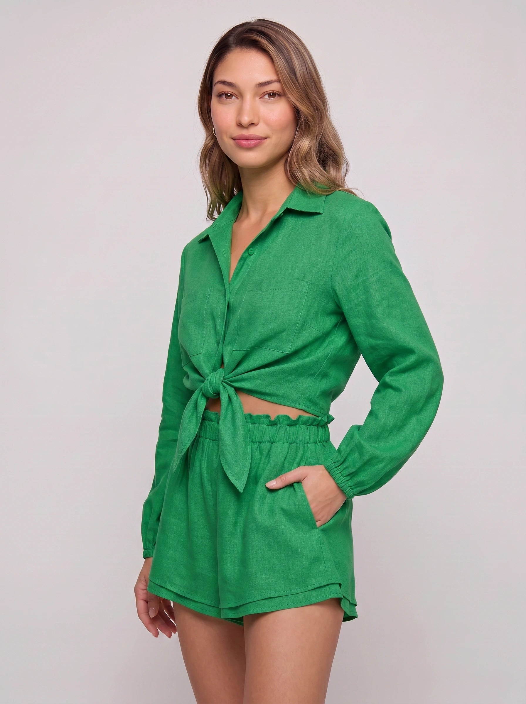 Rosento Linen Tie-Front Shirt Short Co-Ord Set – Women Business Casual Summer Vacation Beach Resort Lounge Two-Piece Set