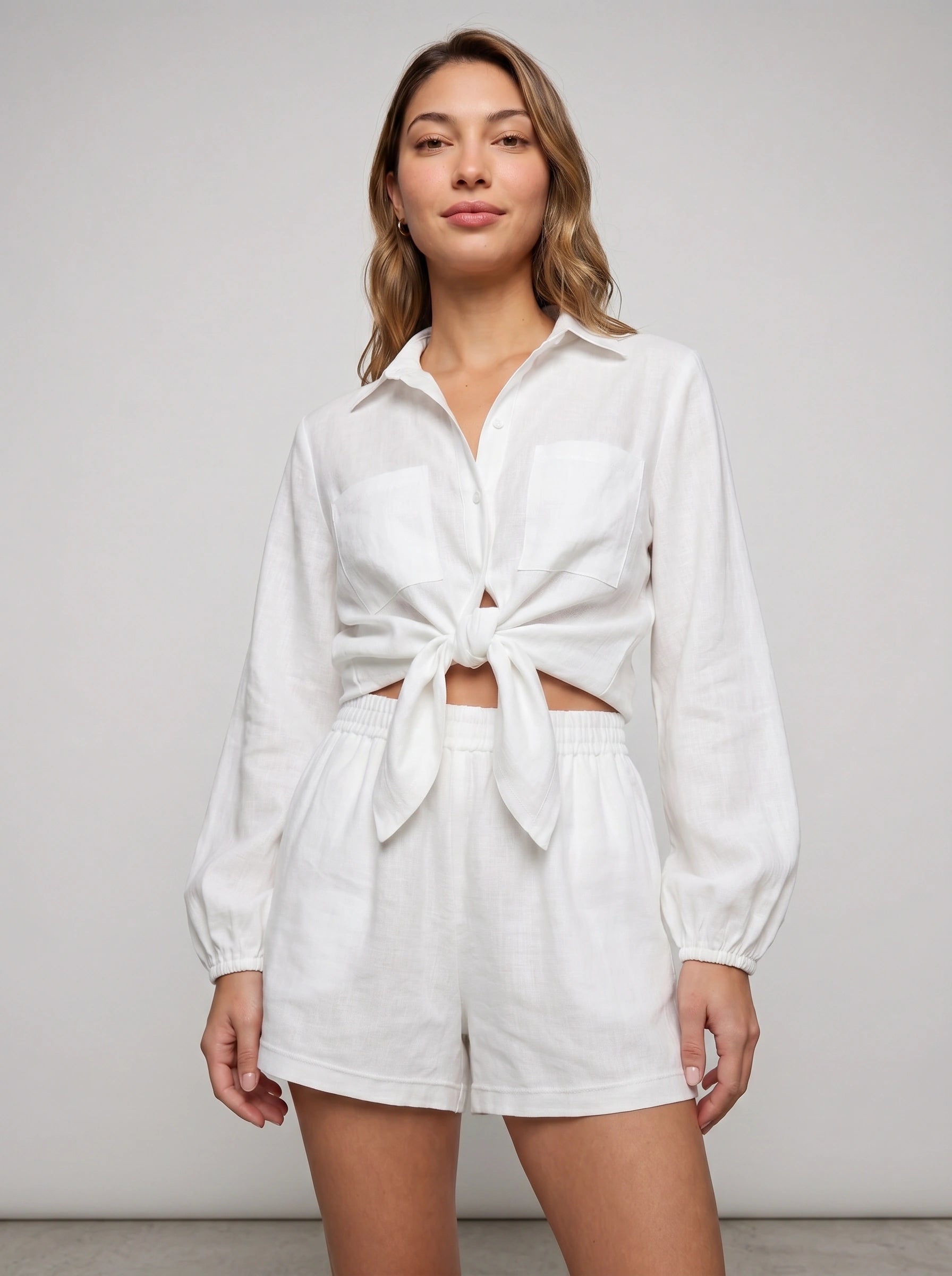 Rosento Linen Tie-Front Shirt Short Co-Ord Set – Women Business Casual Summer Vacation Beach Resort Lounge Two-Piece Set