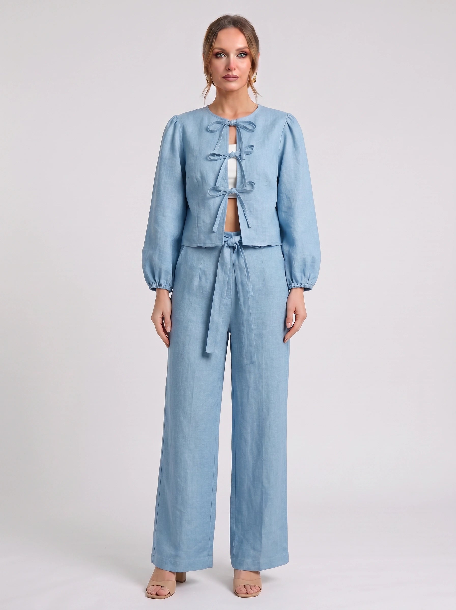 Cordiva Linen Bow-Tie Top Wide-Leg Pant Set – Women Two Piece Co-Ord Summer Beach Resort Casual Linen Set