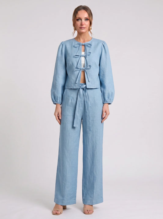 Cordiva Linen Bow-Tie Top Wide-Leg Pant Set – Women Two Piece Co-Ord Summer Beach Resort Casual Linen Set