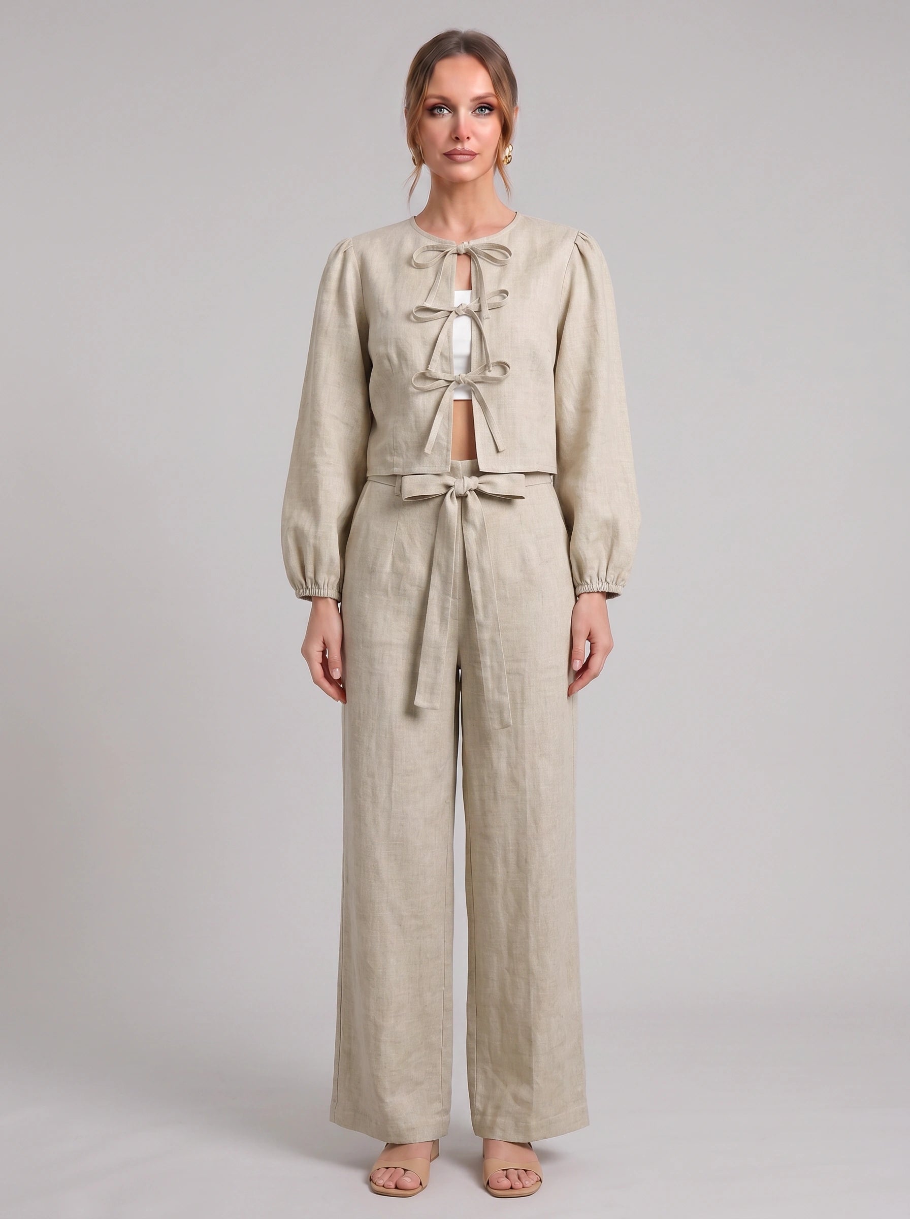 Cordiva Linen Bow-Tie Top Wide-Leg Pant Set – Women Two Piece Co-Ord Summer Beach Resort Casual Linen Set