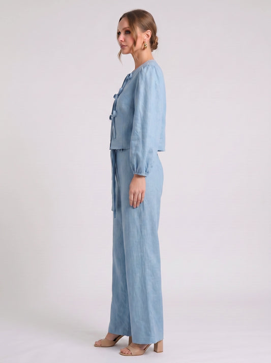 Cordiva Linen Bow-Tie Top Wide-Leg Pant Set – Women Two Piece Co-Ord Summer Beach Resort Casual Linen Set