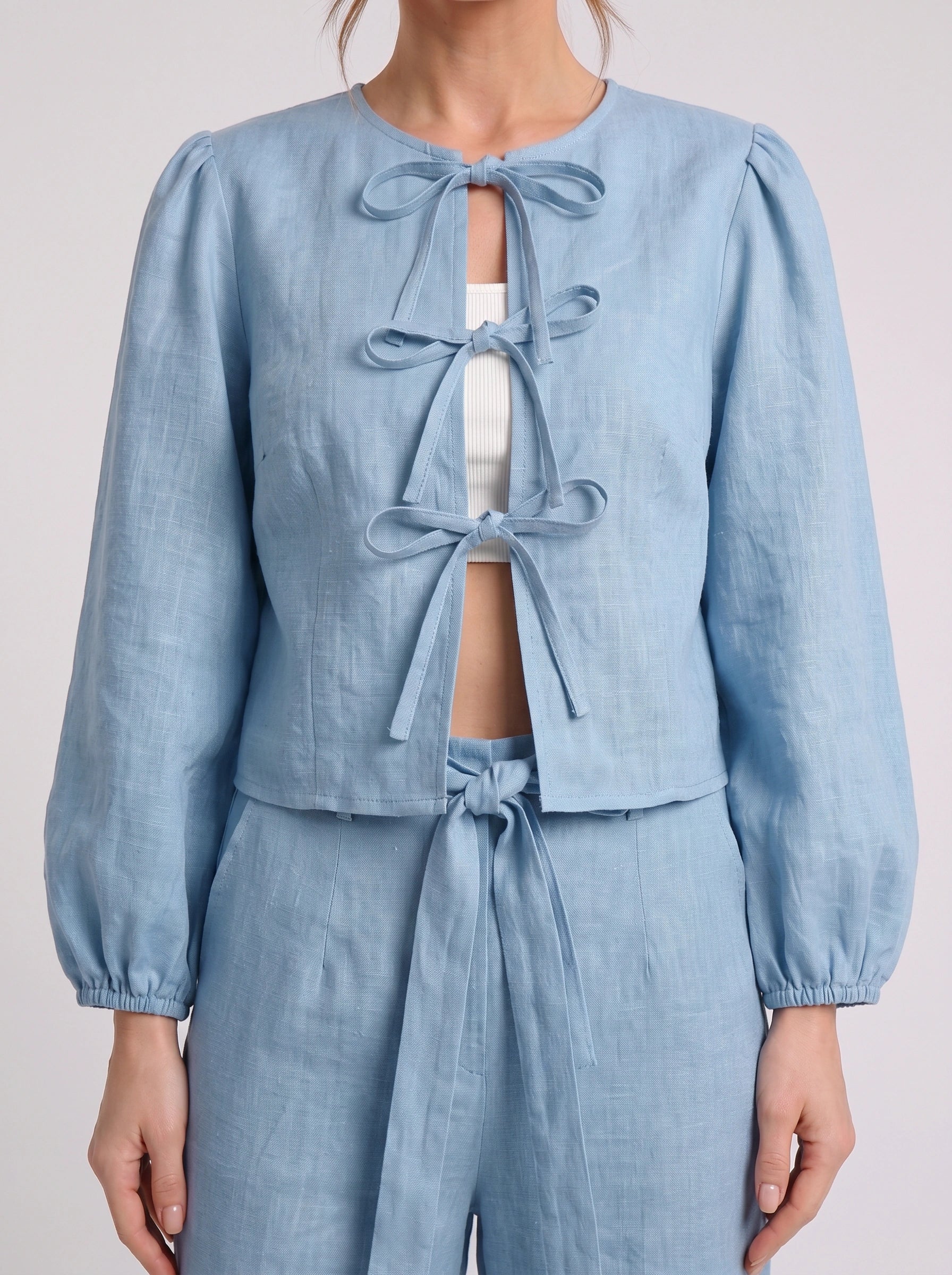 Cordiva Linen Bow-Tie Top Wide-Leg Pant Set – Women Two Piece Co-Ord Summer Beach Resort Casual Linen Set