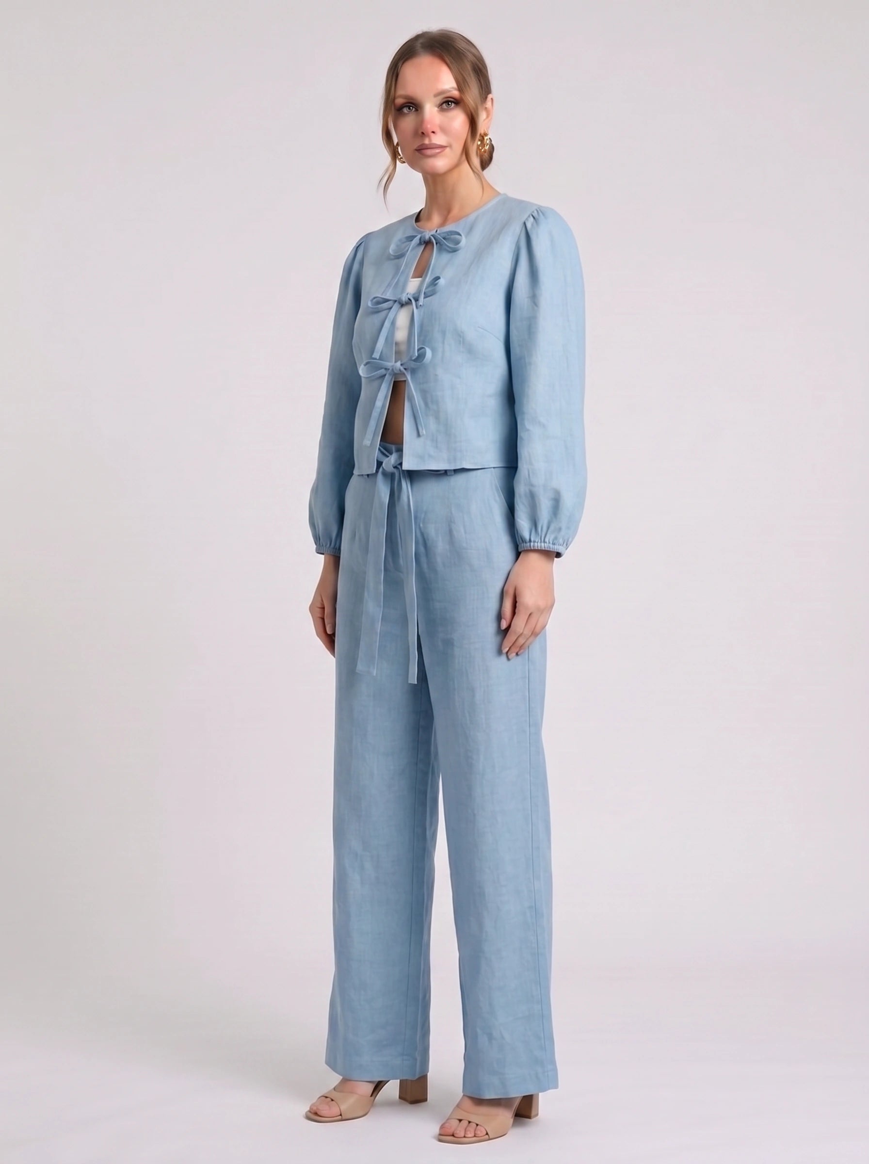 Cordiva Linen Bow-Tie Top Wide-Leg Pant Set – Women Two Piece Co-Ord Summer Beach Resort Casual Linen Set