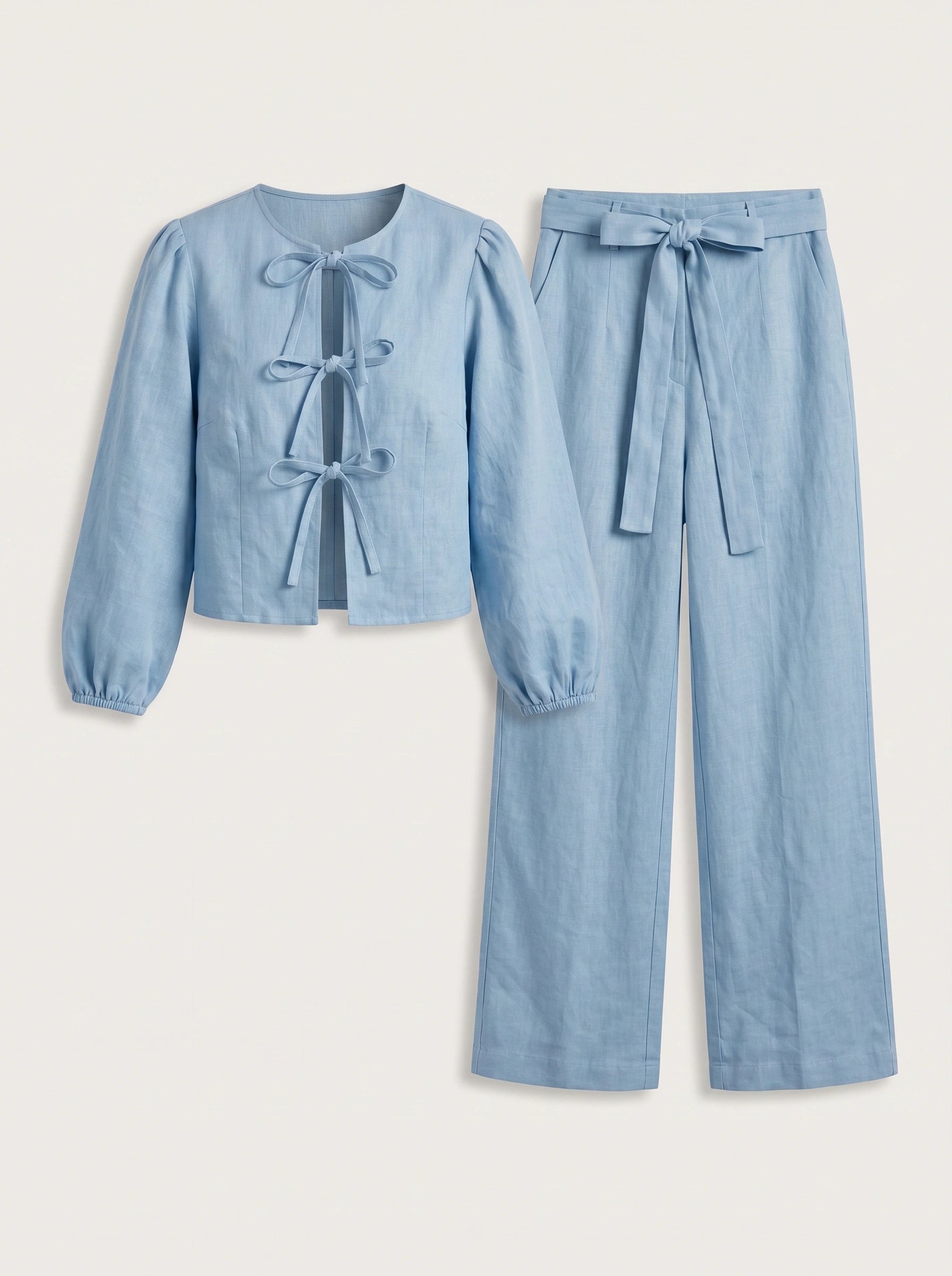 Cordiva Linen Bow-Tie Top Wide-Leg Pant Set – Women Two Piece Co-Ord Summer Beach Resort Casual Linen Set