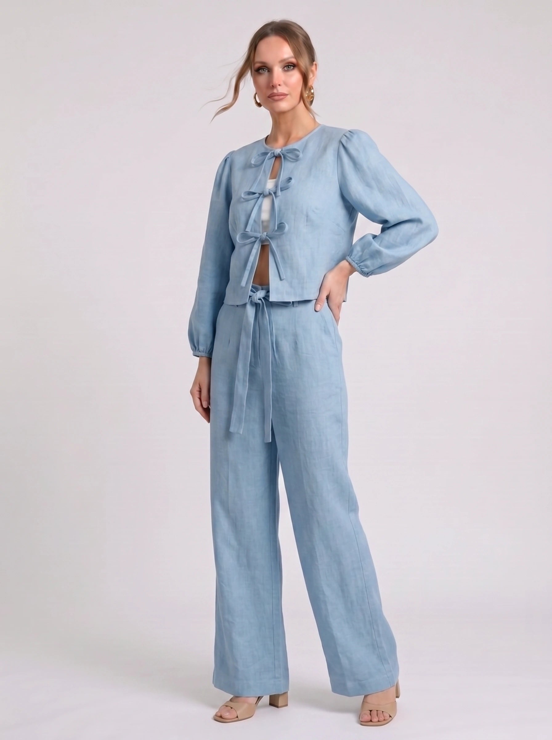 Cordiva Linen Bow-Tie Top Wide-Leg Pant Set – Women Two Piece Co-Ord Summer Beach Resort Casual Linen Set