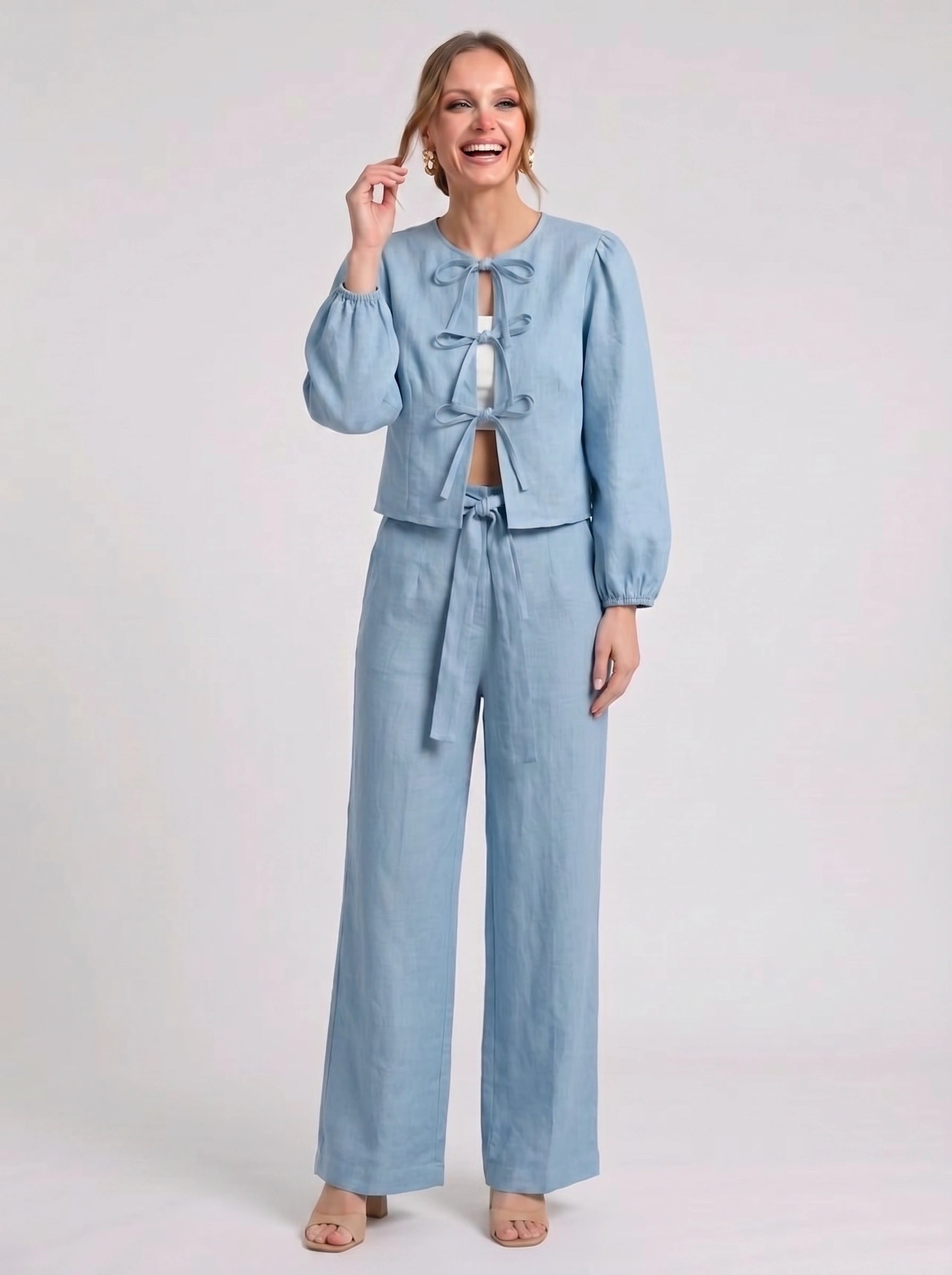 Cordiva Linen Bow-Tie Top Wide-Leg Pant Set – Women Two Piece Co-Ord Summer Beach Resort Casual Linen Set