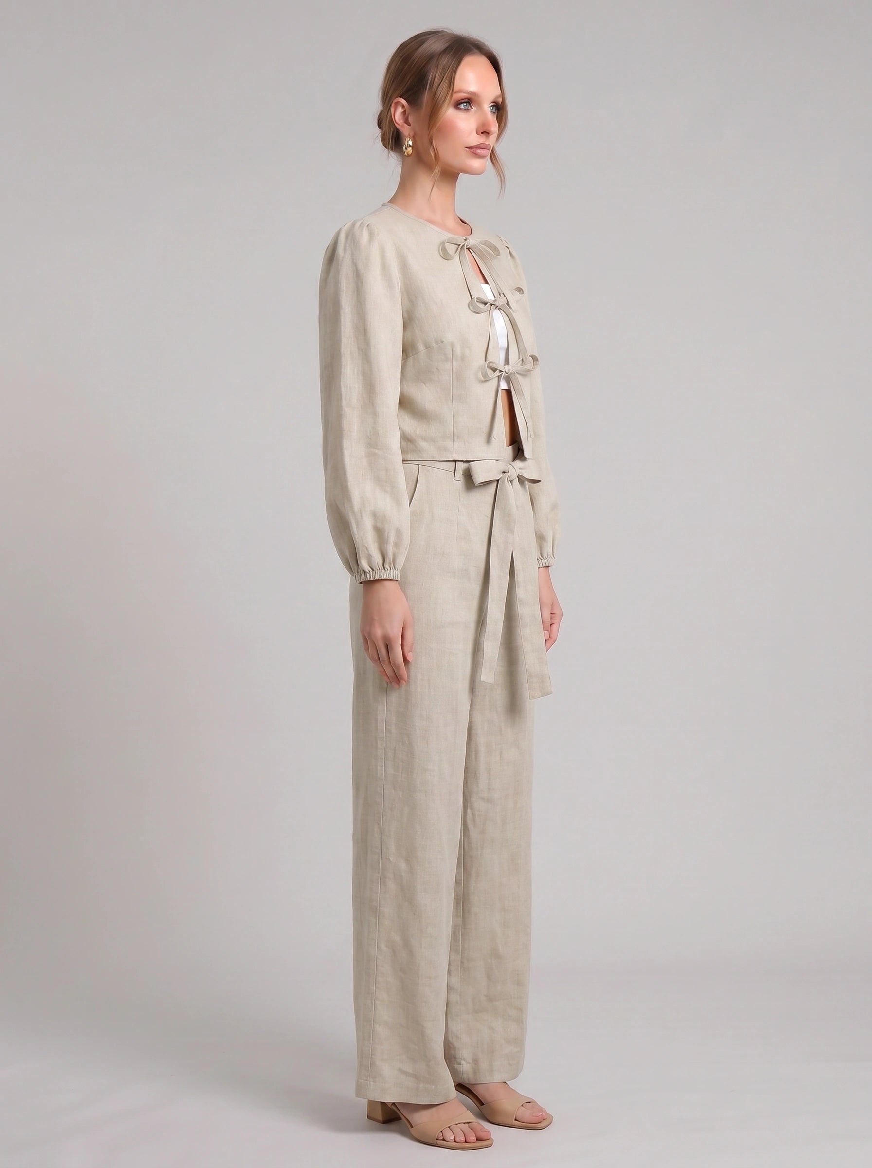 Cordiva Linen Bow-Tie Top Wide-Leg Pant Set – Women Two Piece Co-Ord Summer Beach Resort Casual Linen Set