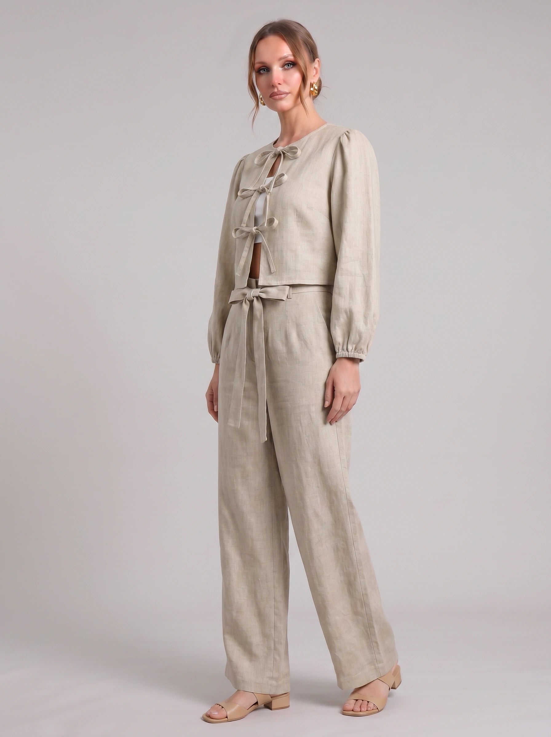 Cordiva Linen Bow-Tie Top Wide-Leg Pant Set – Women Two Piece Co-Ord Summer Beach Resort Casual Linen Set