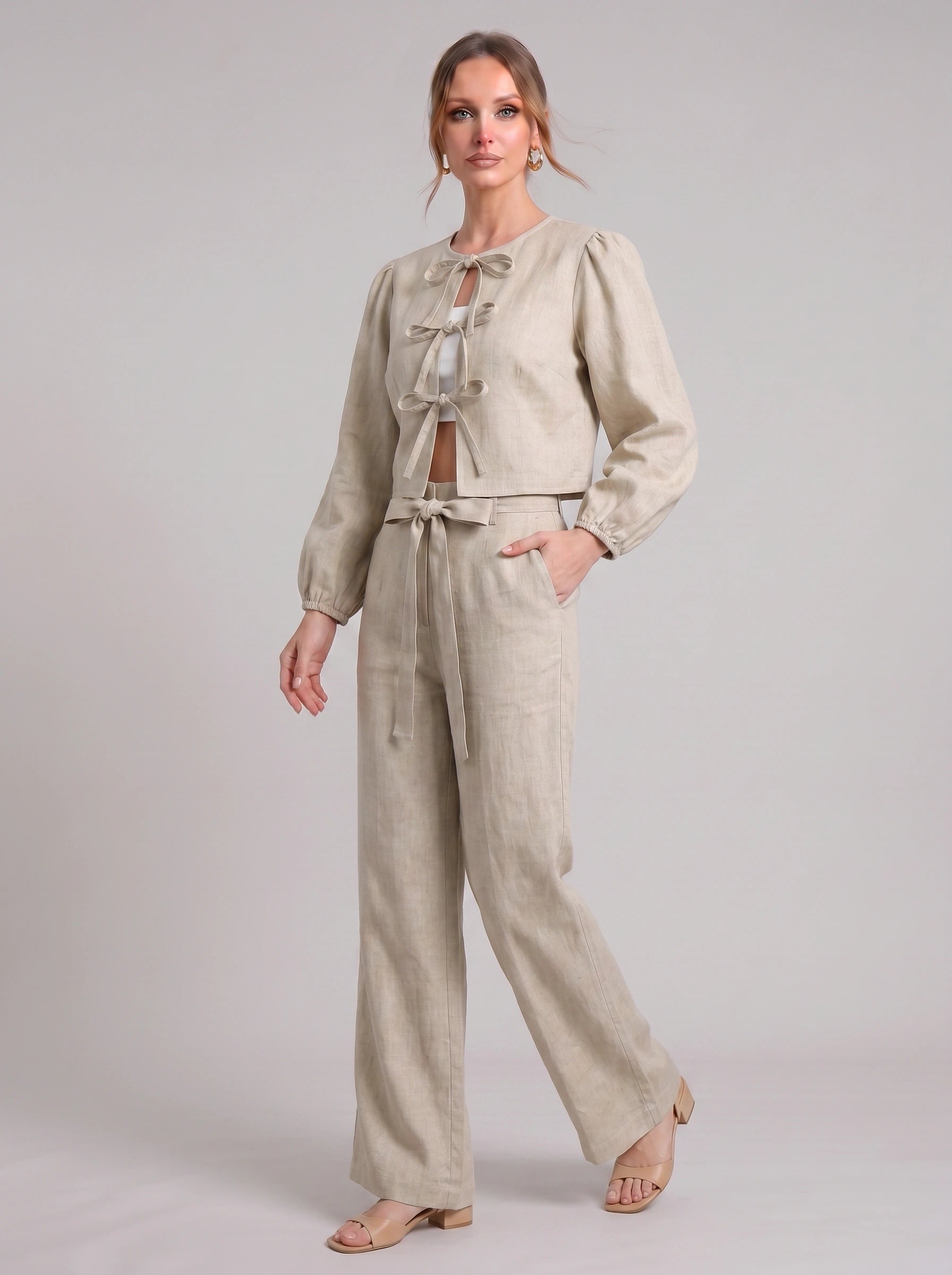 Cordiva Linen Bow-Tie Top Wide-Leg Pant Set – Women Two Piece Co-Ord Summer Beach Resort Casual Linen Set