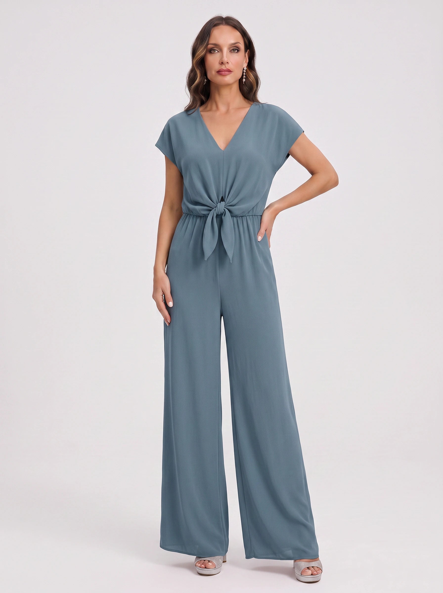 Caelana Tie-Front Wide-Leg Jumpsuit – Jumpsuit Women V-Neck Cap Sleeve Casual Summer Wedding Guest Romper