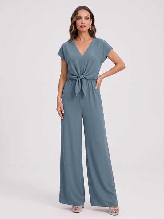Caelana Tie-Front Wide-Leg Jumpsuit – Jumpsuit Women V-Neck Cap Sleeve Casual Summer Wedding Guest Romper