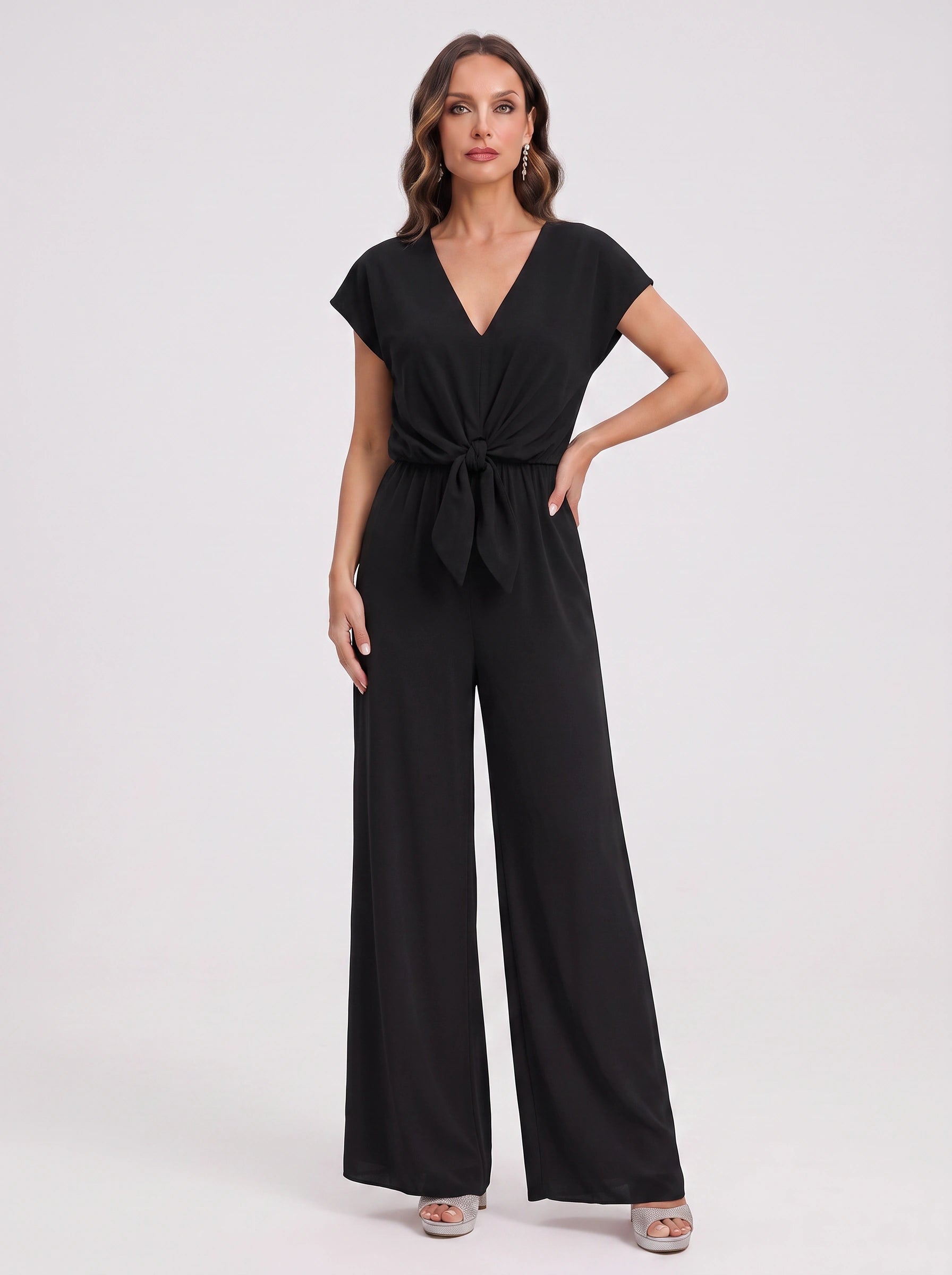Caelana Tie-Front Wide-Leg Jumpsuit – Jumpsuit Women V-Neck Cap Sleeve Casual Summer Wedding Guest Romper