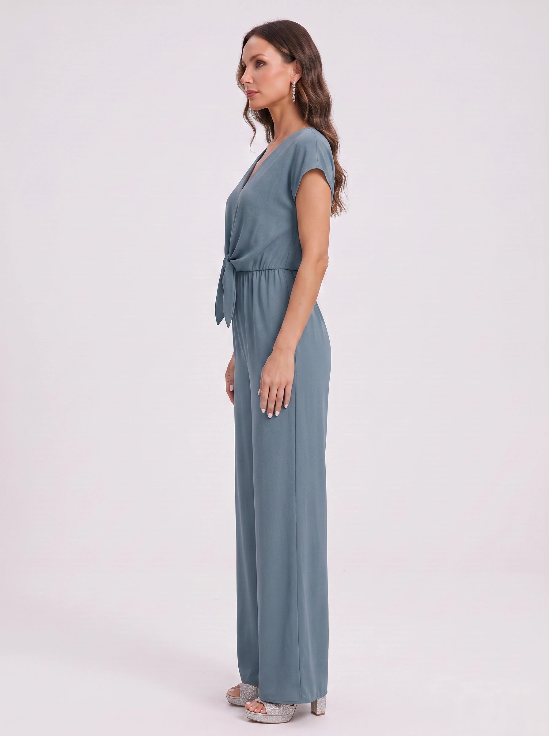 Caelana Tie-Front Wide-Leg Jumpsuit – Jumpsuit Women V-Neck Cap Sleeve Casual Summer Wedding Guest Romper