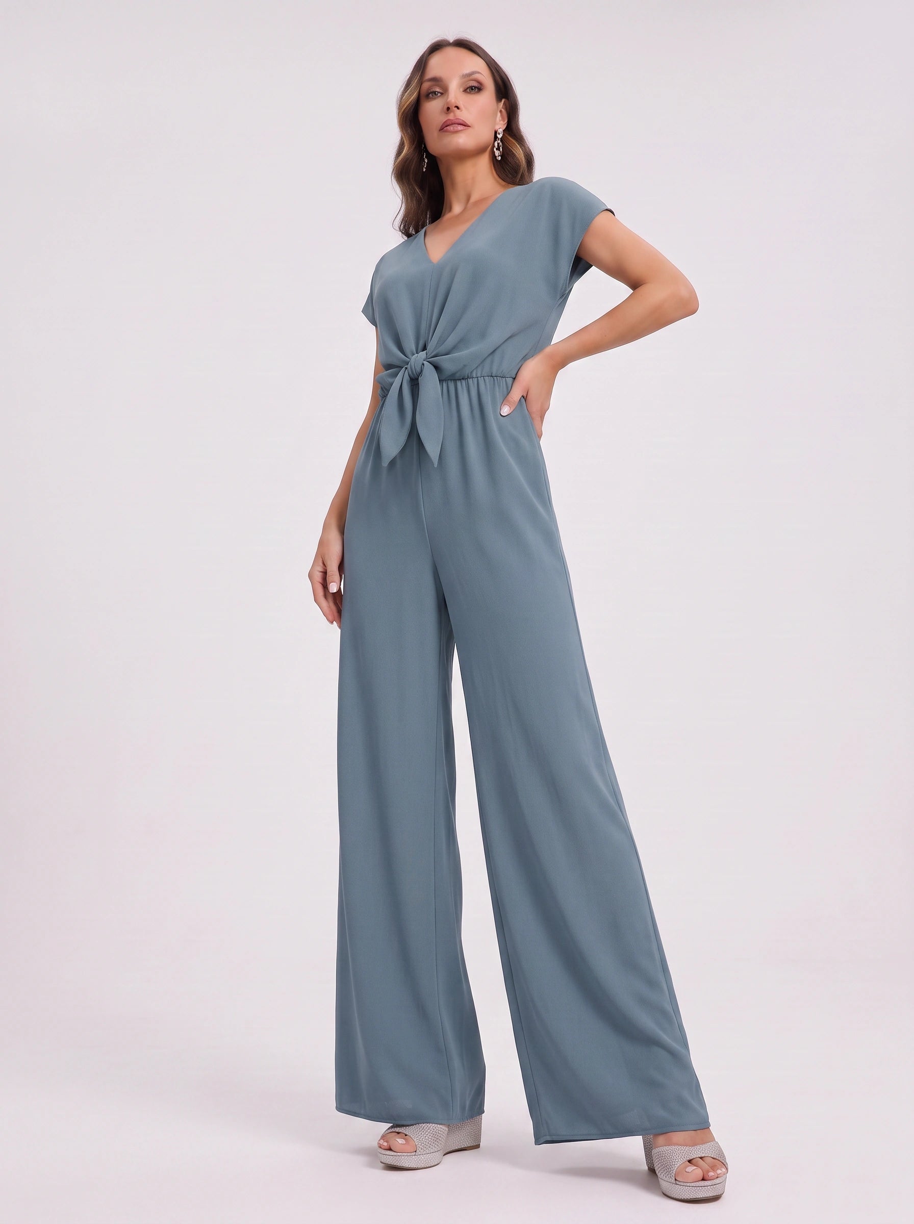Caelana Tie-Front Wide-Leg Jumpsuit – Jumpsuit Women V-Neck Cap Sleeve Casual Summer Wedding Guest Romper