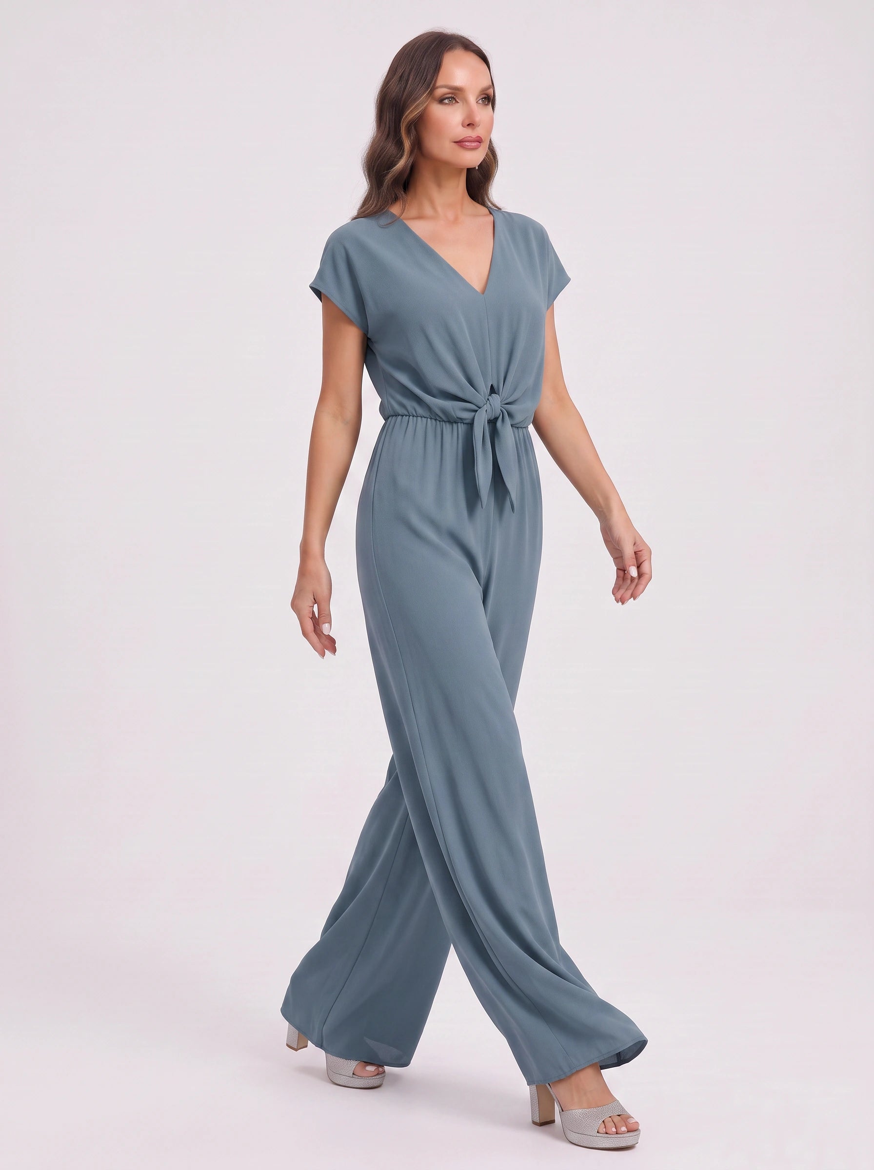 Caelana Tie-Front Wide-Leg Jumpsuit – Jumpsuit Women V-Neck Cap Sleeve Casual Summer Wedding Guest Romper