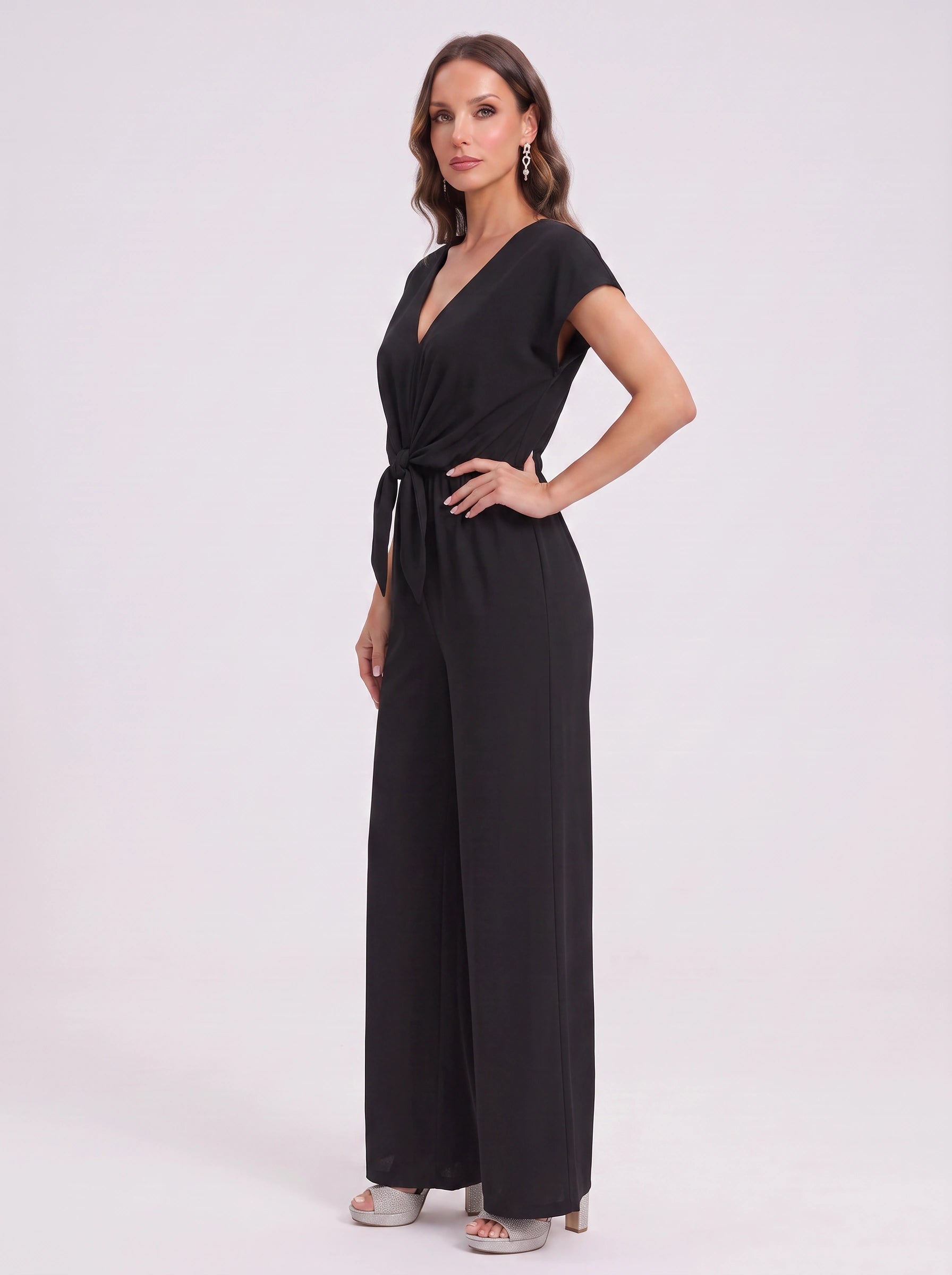 Caelana Tie-Front Wide-Leg Jumpsuit – Jumpsuit Women V-Neck Cap Sleeve Casual Summer Wedding Guest Romper