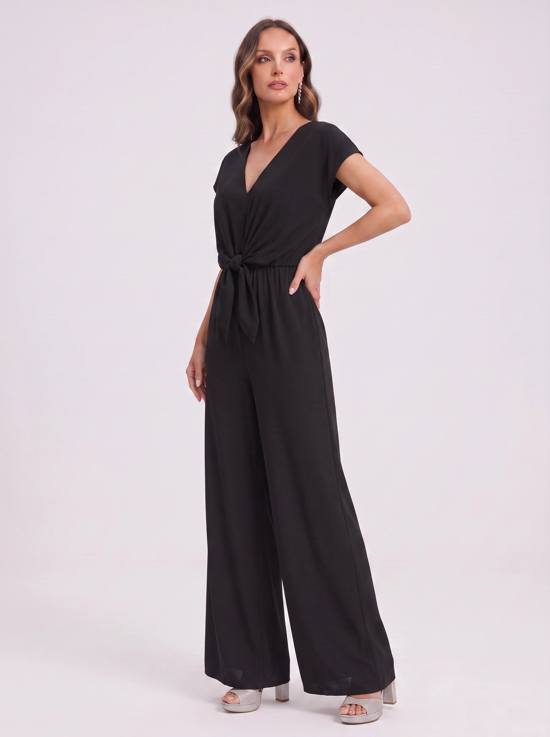 Caelana Tie-Front Wide-Leg Jumpsuit – Jumpsuit Women V-Neck Cap Sleeve Casual Summer Wedding Guest Romper