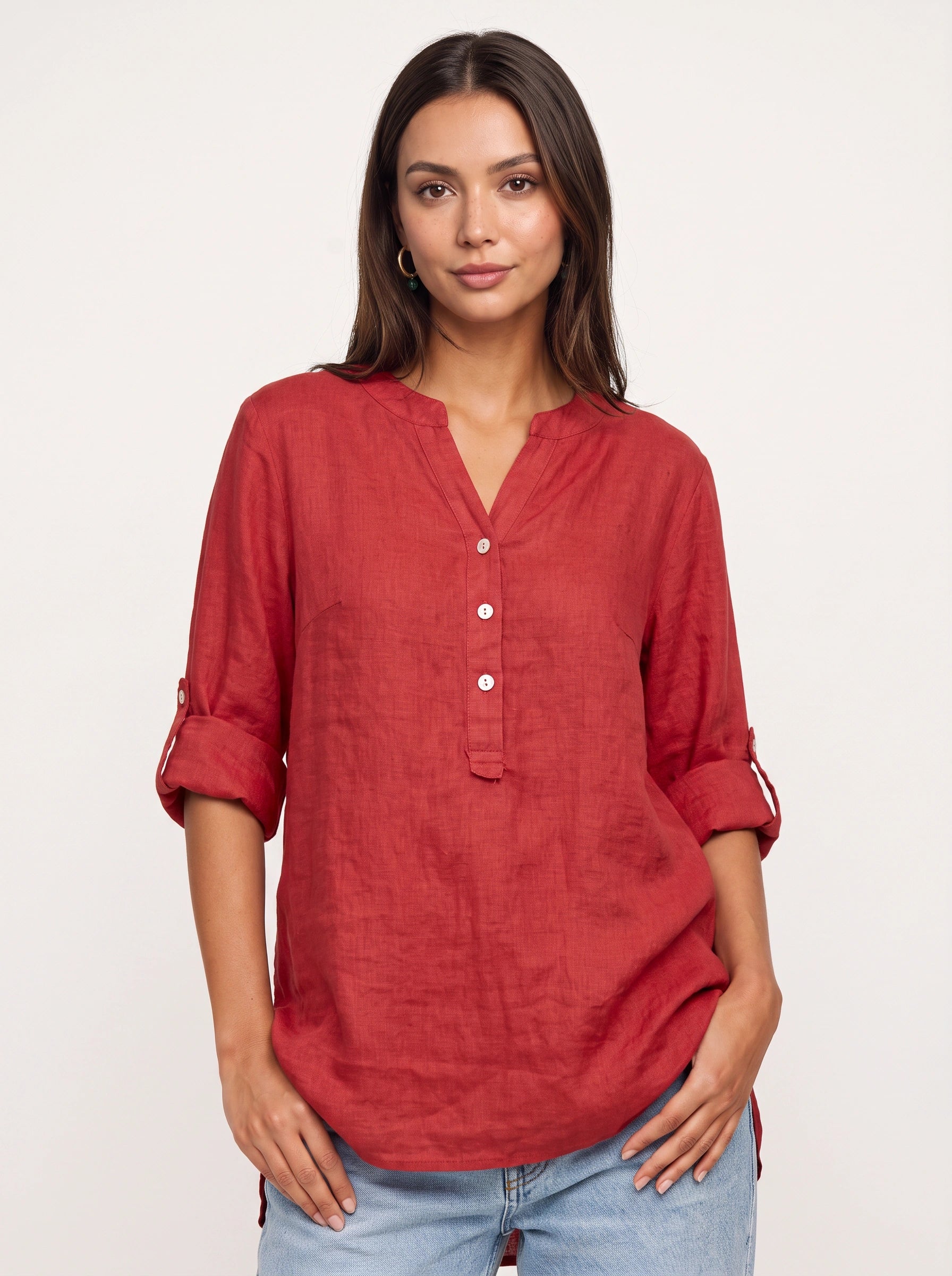 Casara Linen Henley Tunic Top – Women Button Front Roll Tab Sleeve Relaxed Blouse Summer Casual